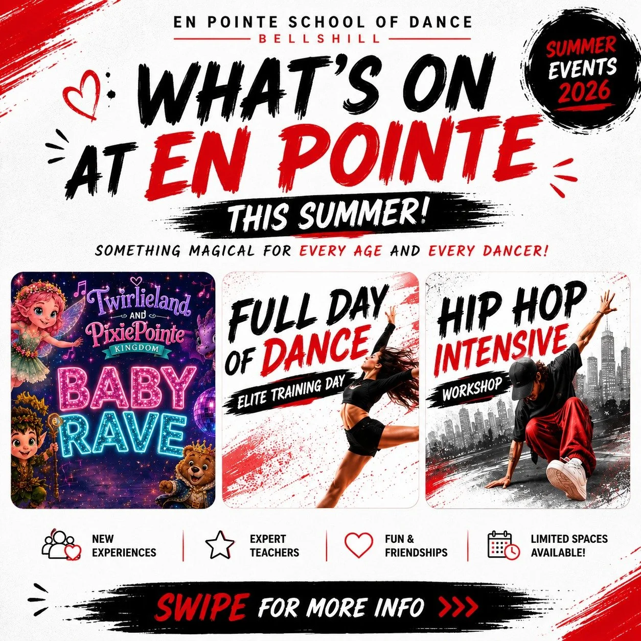 🌟 SUMMER AT EN POINTE IS LOOKING AMAZING! 🌟

We've got something for everyone this July...

✨ A magical Baby Rave for our littlest dancers
💃 An Elite Full Day of Dance packed with training and choreography
🔥 A Hip Hop Intensive Workshop to level 