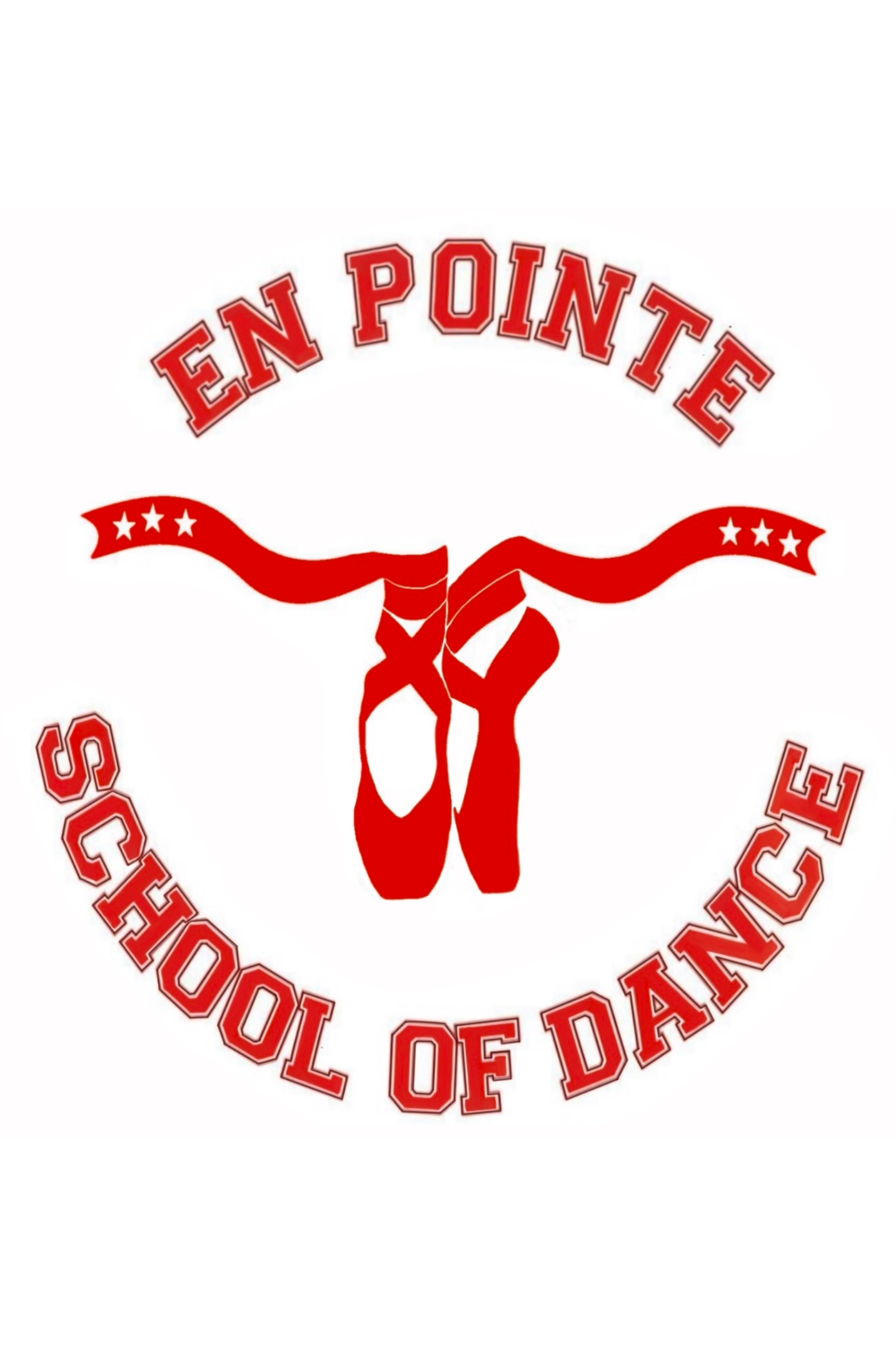 Logo for En Pointe School of Dance featuring a red dance shoe silhouette with ribbon laces and stars, with school name in a circular layout.