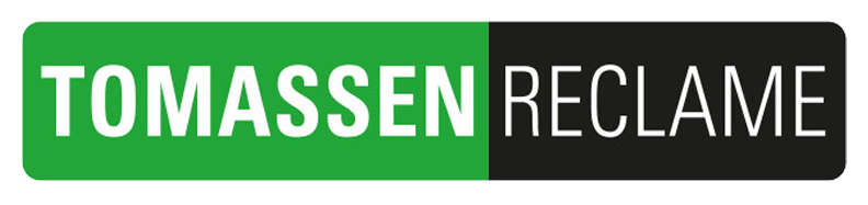 Logo van TASSEN RECLAME met een groene en zwarte achtergrond en witte tekst.