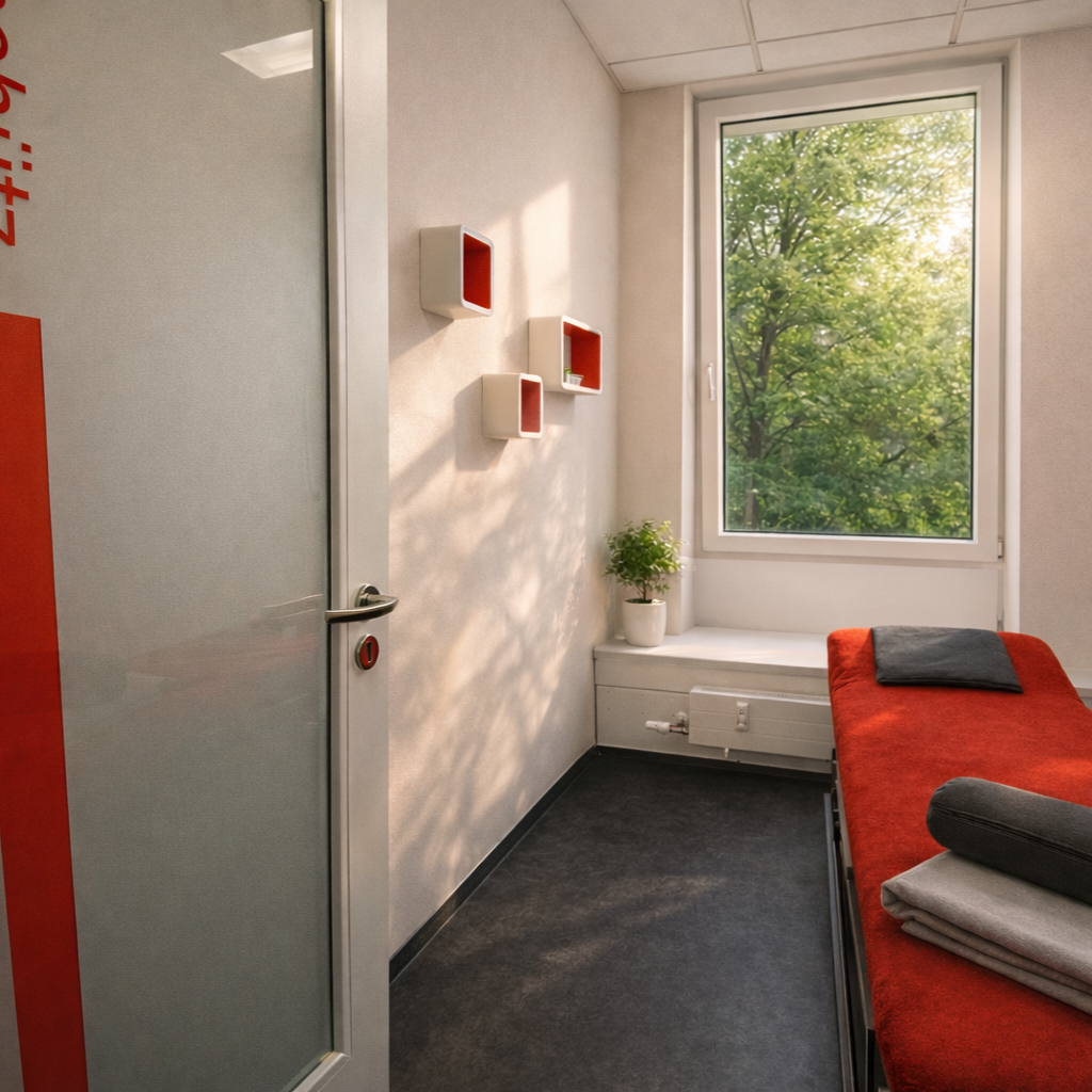 Ein kleines, hell erleuchtetes Zimmer mit einem großen Fenster, grünen Bäumen im Blick, weißen Wänden, einer roten Couch mit gefalteten Handtüchern, einer kleinen Pflanze auf dem Fensterbrett, und drei stilvollen Wandregalen mit roten Innenseiten an der Wand.