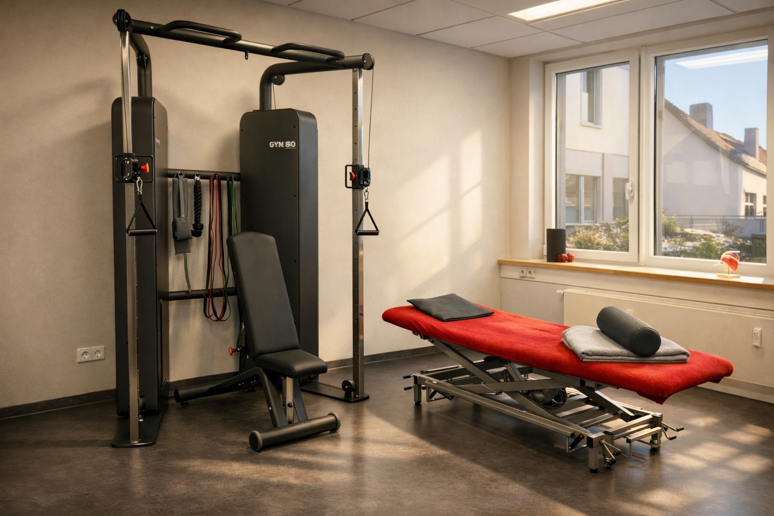 Behandlungsraum mit Liege, Trainingsgerät, Gymnastikball und Fenster mit Blick auf Wohnhäuser.