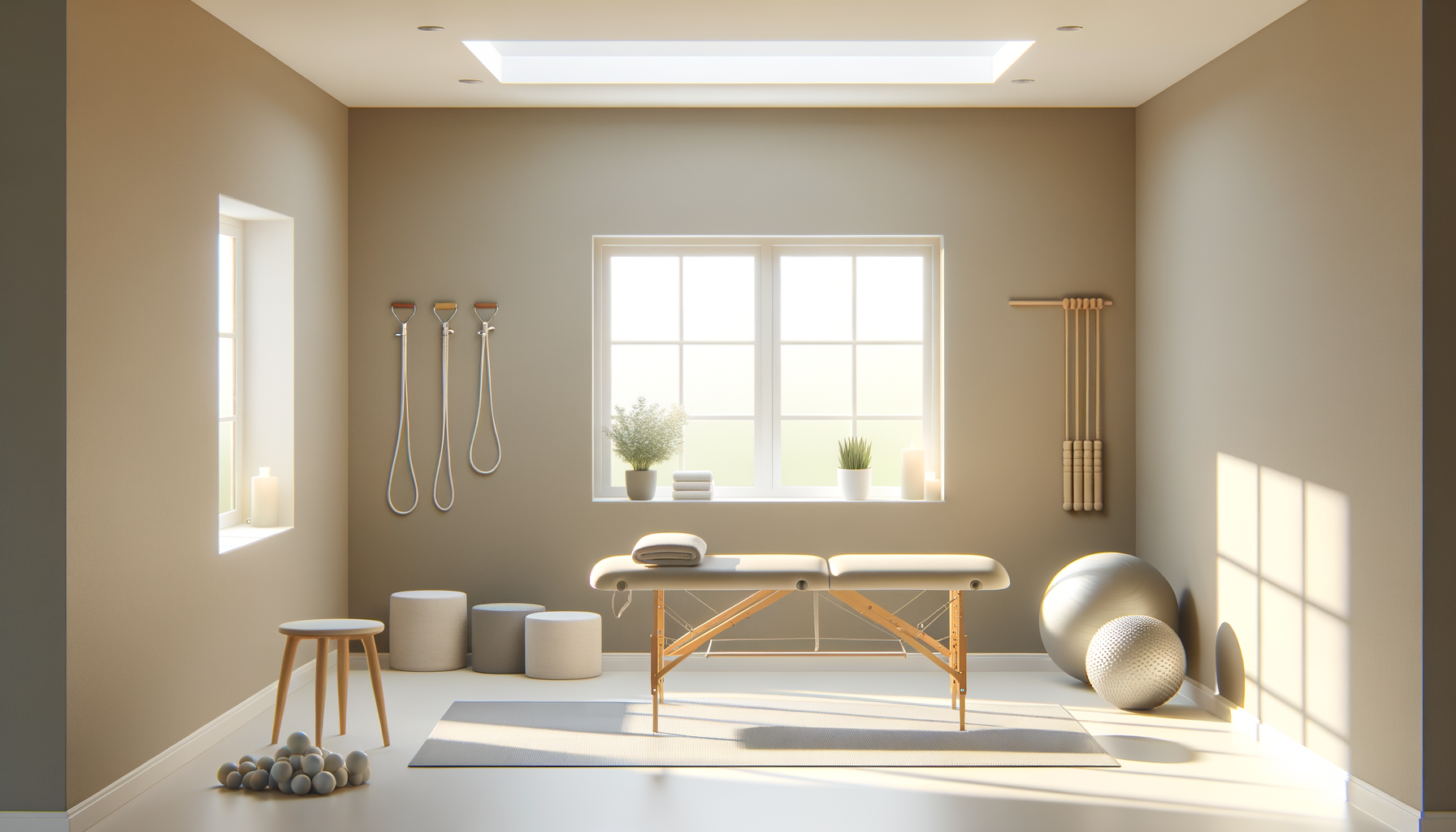 Ein heller, modernes Therapieraum mit Liegtisch, Gymnastikbällen, Hanteln und Pflanzen vor einem Fenster.