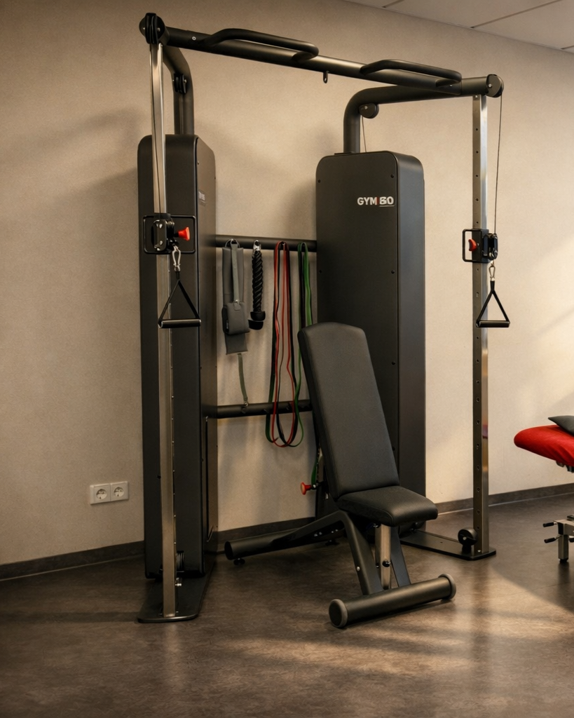 Gerät für Krafttraining mit verstellbarem Sitz, Seilzug, Griffen und Widerstandsbändern in einem Fitnessraum.