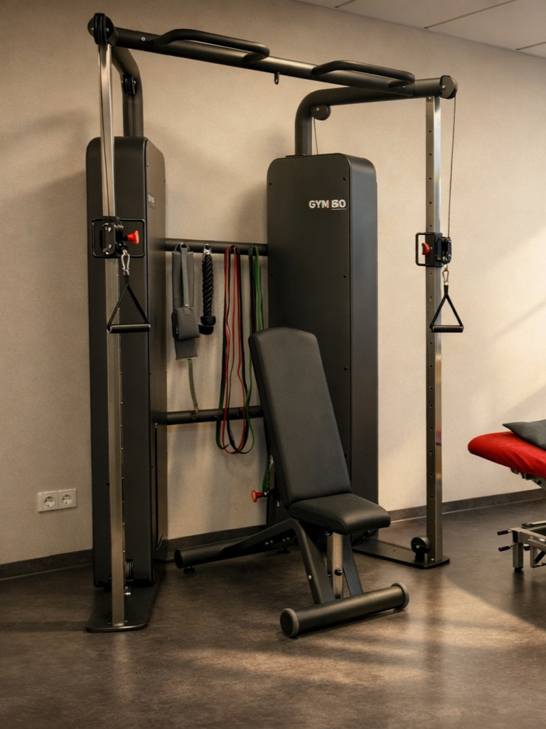 Fitnessgerät mit Kabelzügen, Hantelhenkel, Widerstandsbälgen und verstellbarer Rückenlehne im Fitnessraum.