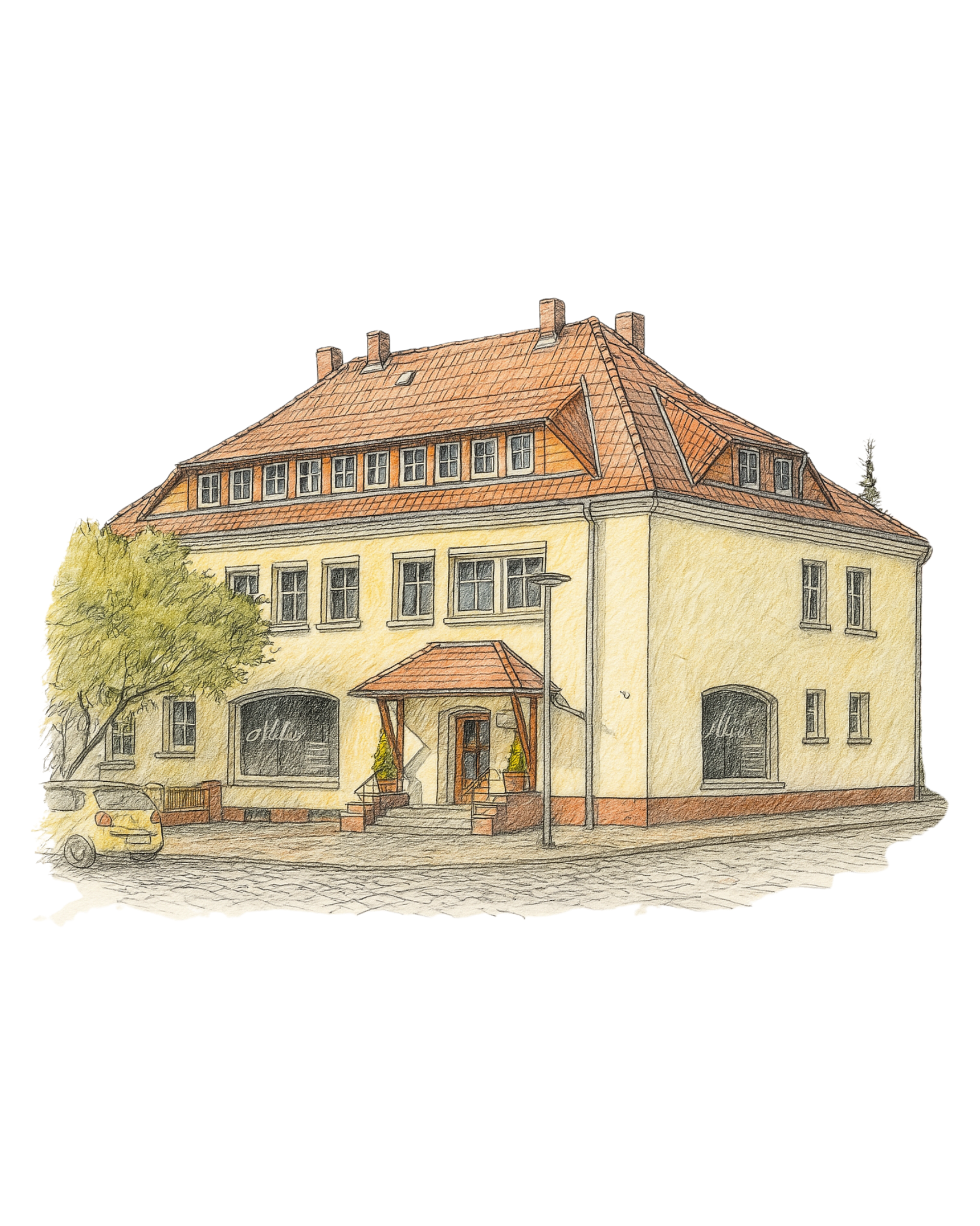 Zeichnung eines mehrstöckigen gelben Hauses mit roten Ziegeldächern, Eingang mit Treppe, Straßenlaterne, Parkplatz und Baum