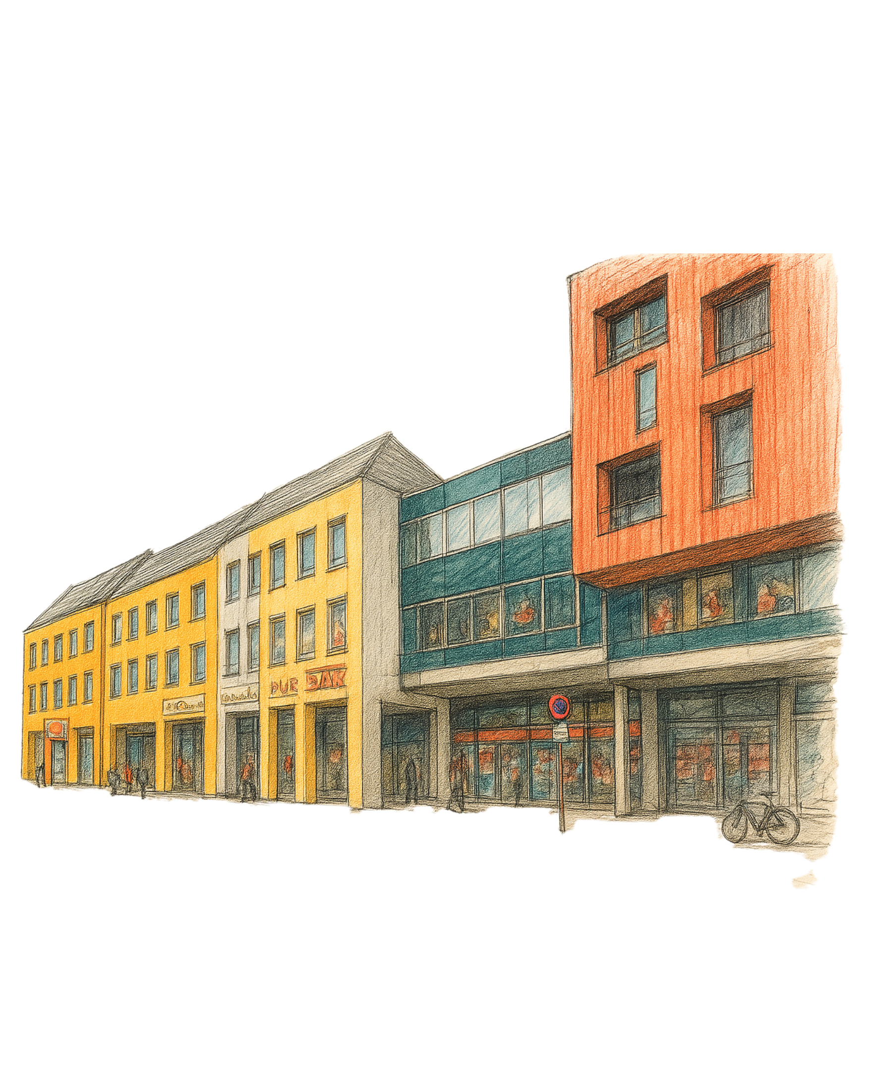 Zeichnung eines modernen Gebäudes mit mehreren Geschäften im Erdgeschoss und Wohnungen darüber, gelbe und rote Fassaden
