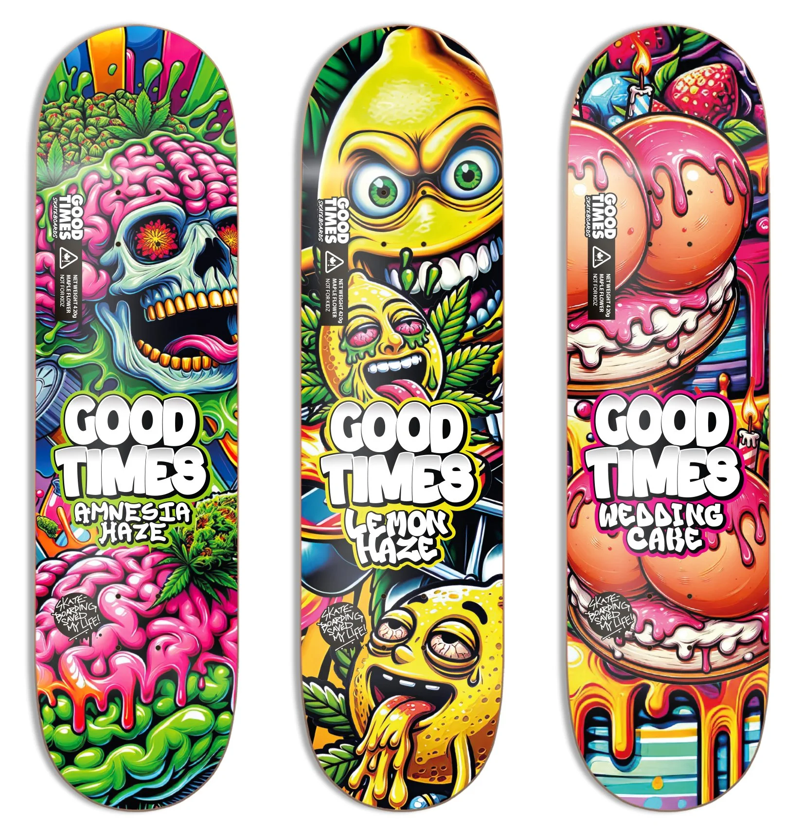 Good Times Skateboard Decks mit farbigen Illustrationen