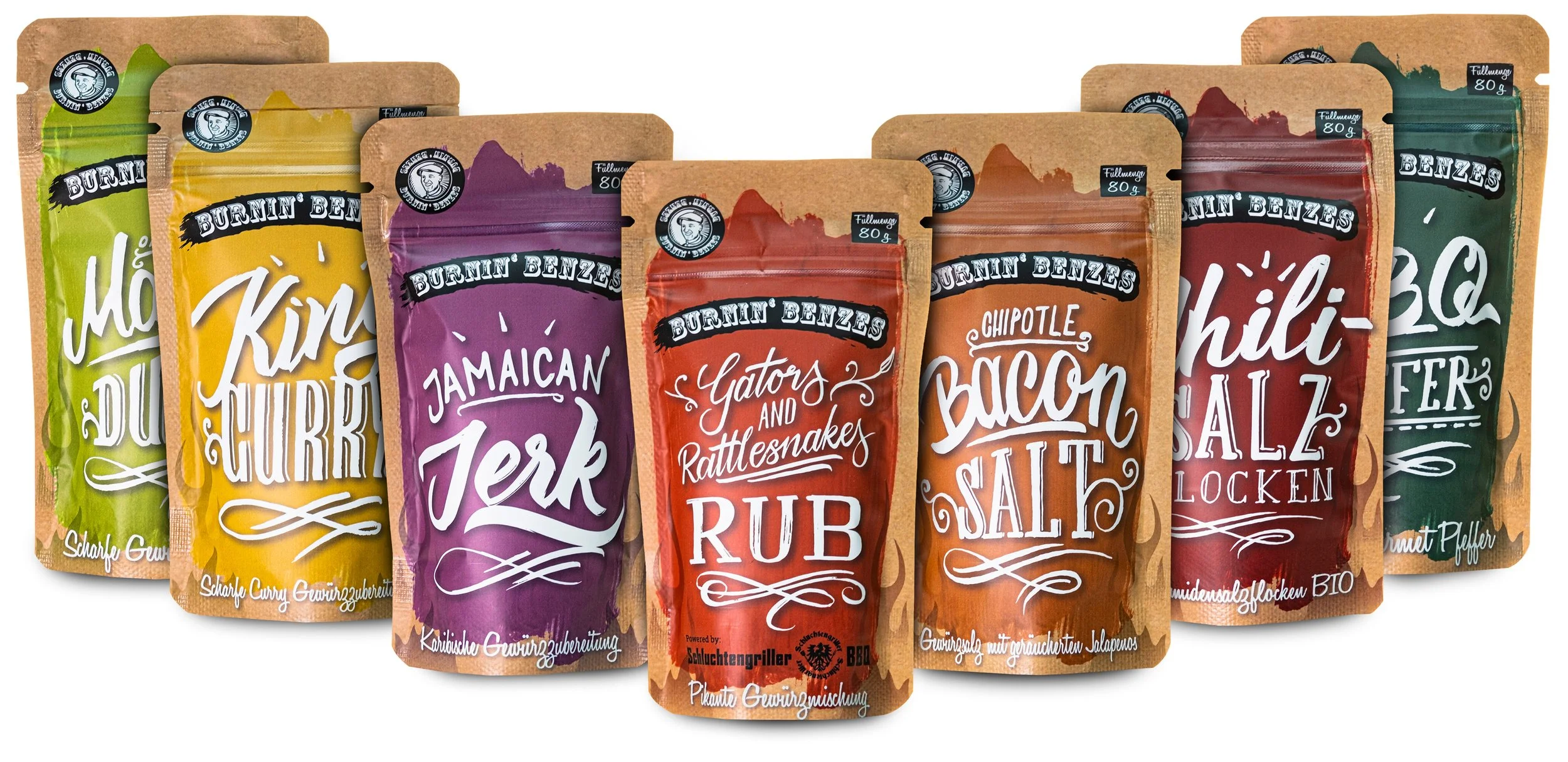 Burnin Benzes Packaging Design für Gewürze, Rubs und Salze
