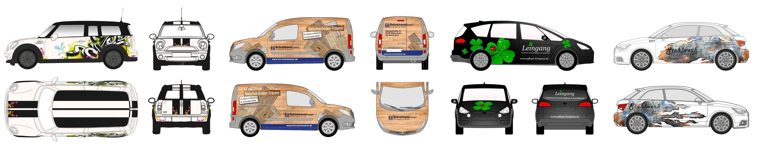 Verschiedene Fahrzeugdesigns und Fahrzeugbeschriftungen in der Übersicht