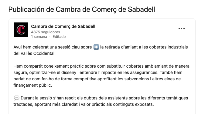 Publicación en redes sociales de la Cámara de Comercio de Sabadell sobre una sesión acerca de la retirada de amianto en coberturas industriales.