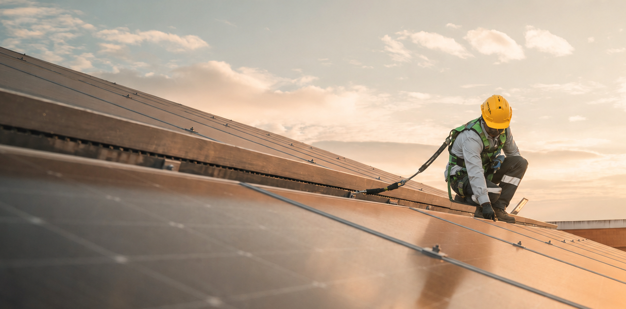 Trabajador instalando paneles solares en un techo al atardecer.Instalación de placas fotovoltaicas sobre cubierta industrial tras la retirada de amianto — ASBEX Cataluña.