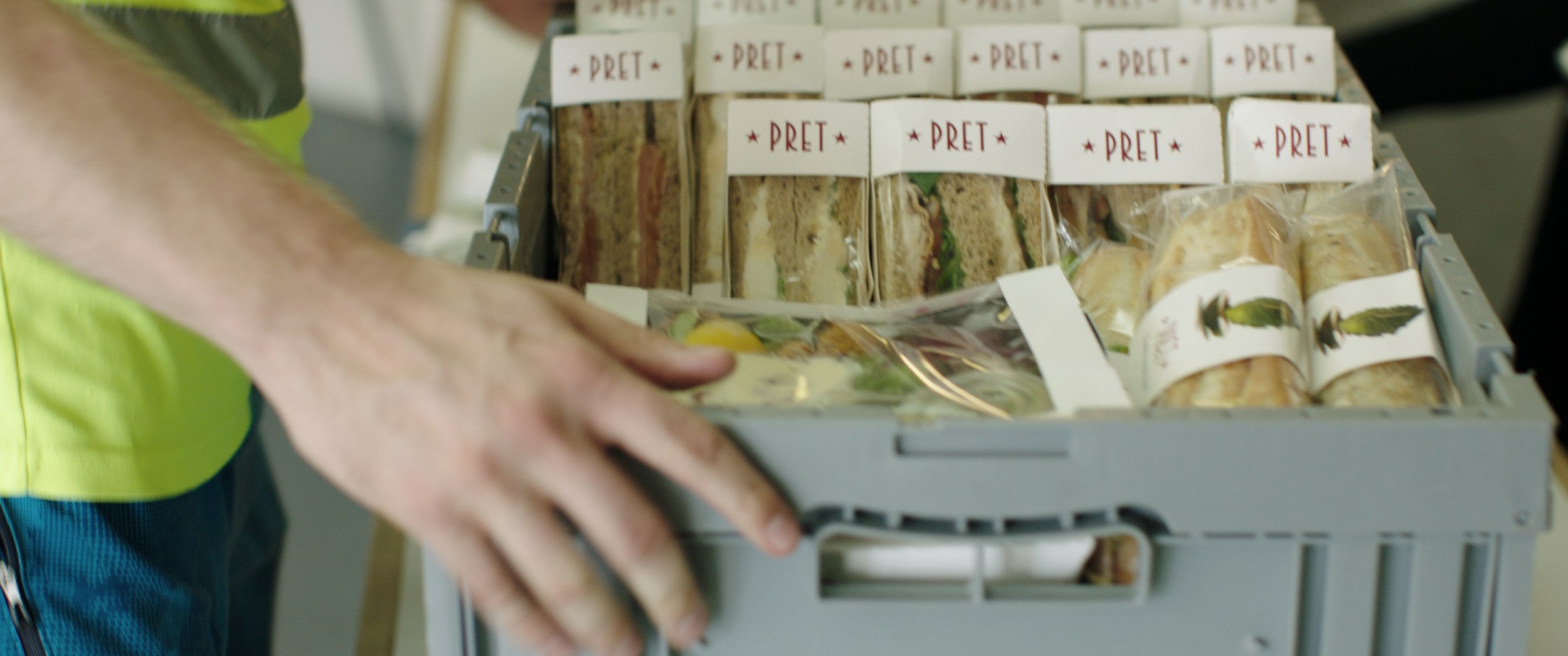 A crate of Pret sandwiches are delivered
