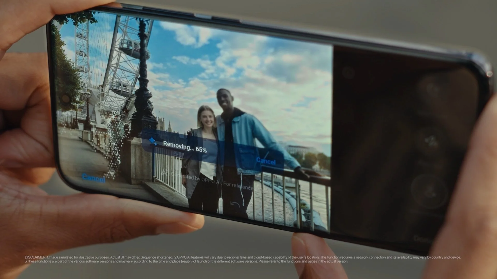 A close up of OPPO Omega phone as an AI Erase feature is used