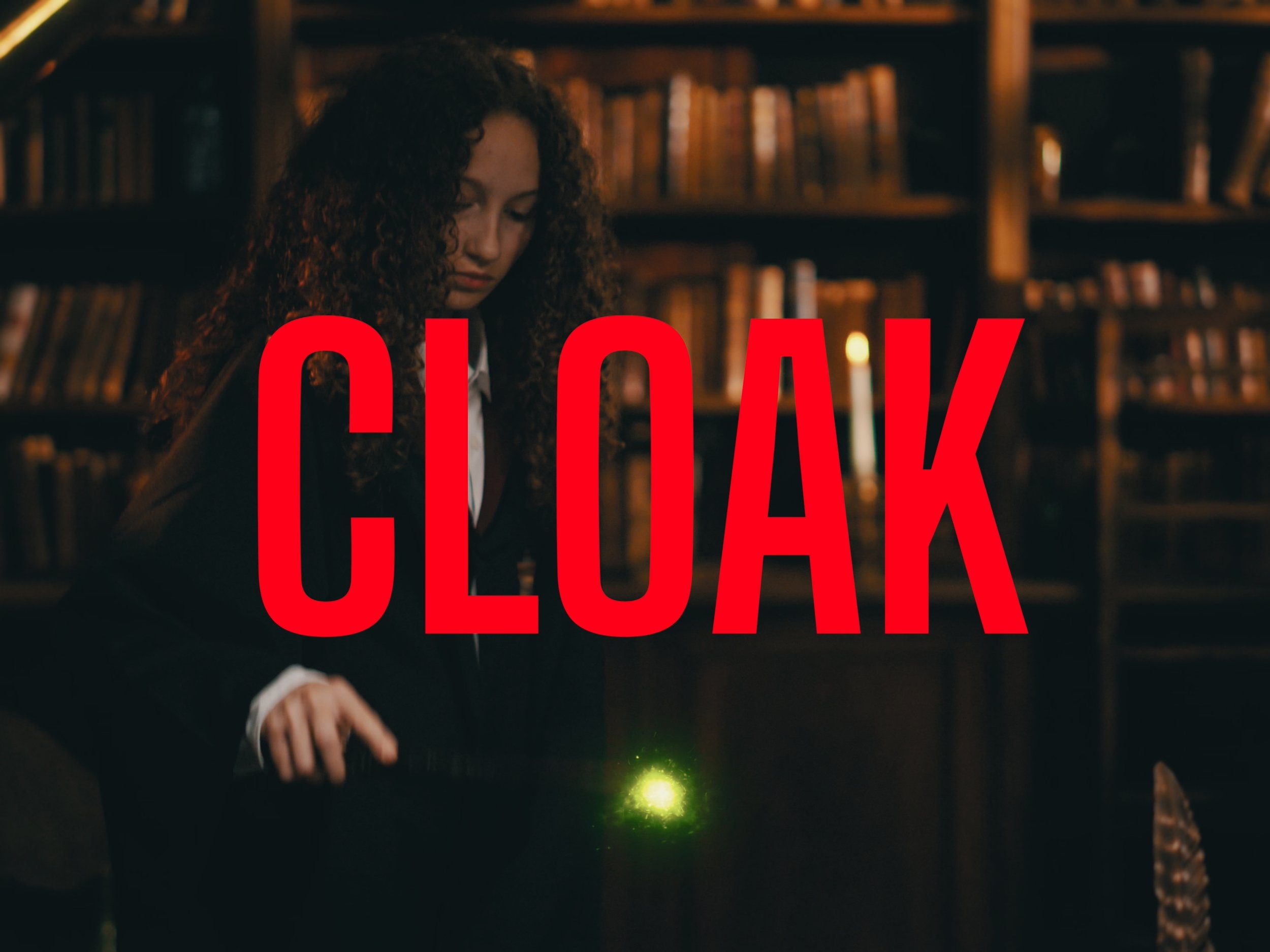 A witch casts a spell as green light spurts from the wand