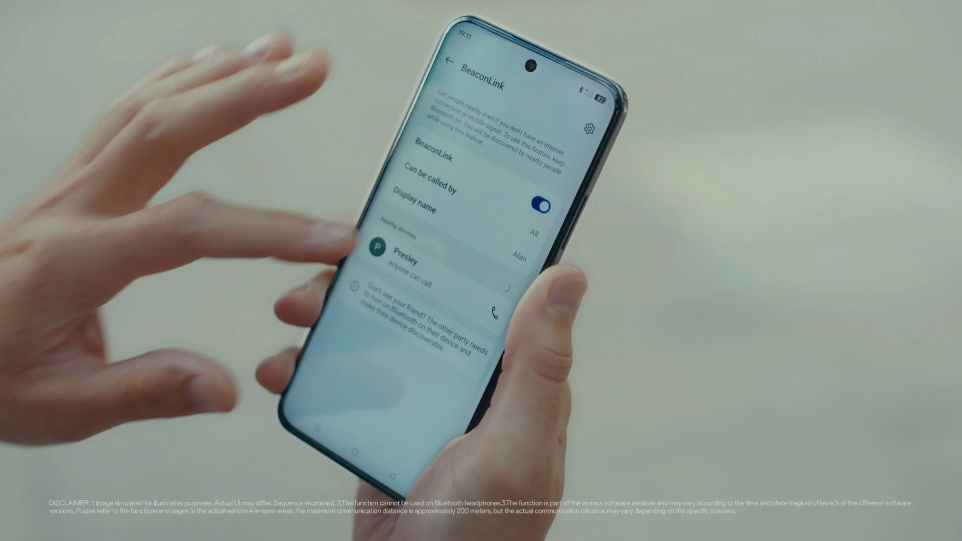 A close up of an OPPO Omega phone using the Beaconlink feature