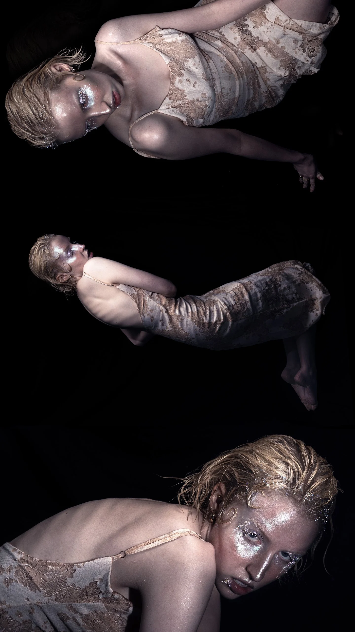 A woman with blonde hair in a lace dress with glitter makeup, lying against a dark background, captured from three different angles in a creative photoshoot.