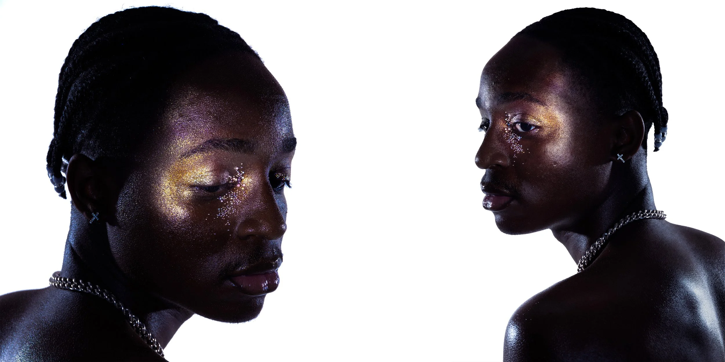 A split image of two Black women with glitter and metallic makeup, looking downward, with short braided hair, jewelry, and a bare shoulder against a white background.