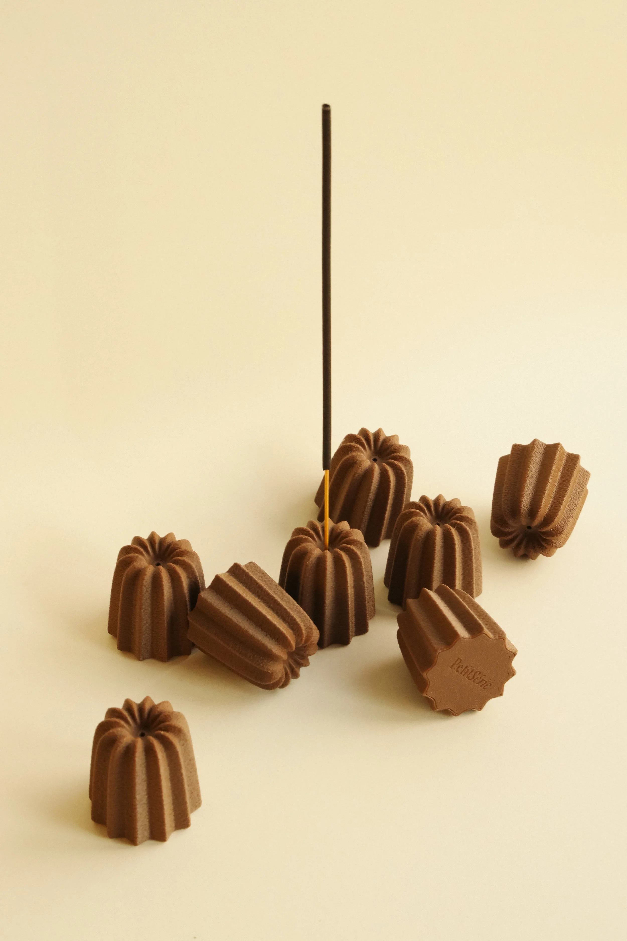 Chocolate pralindels with a thin metal rod among them on a white background.