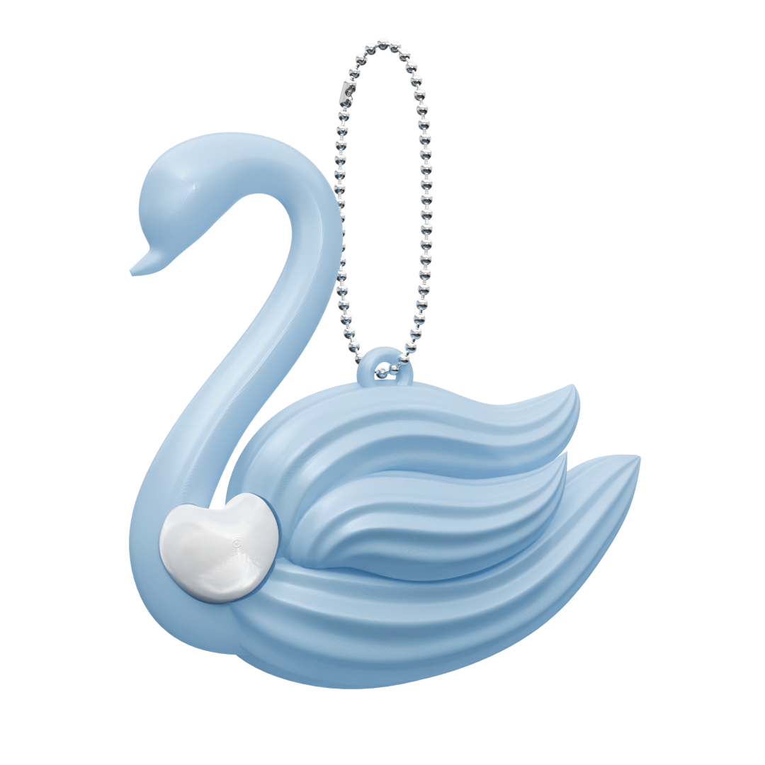 Blue number 2 with a swan-shaped design, a small white heart, and a silver bead chain attached.