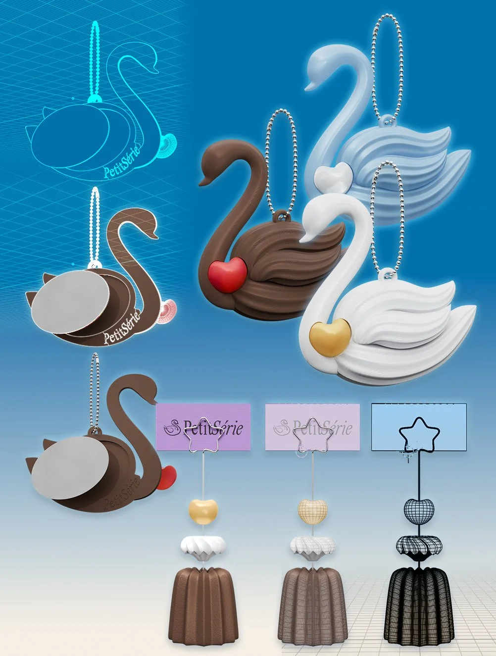 Collection of swan-shaped keychains in white, brown, and light blue with heart accents and ball chains, displayed on purple and pink cards with the text 'PetitesRie'.