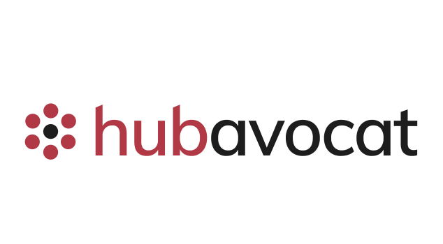 Logo de HubAvocat avec un symbole circulaire composé de points rouges et noirs, et le nom de l'entreprise en texte.