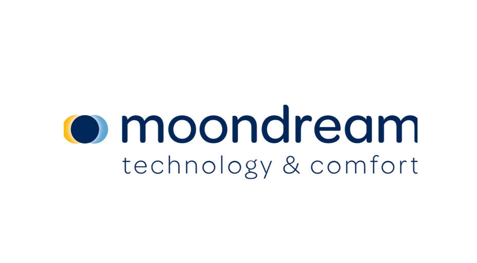 Logo Moondream avec le slogan « technology & comfort » dans une typographie moderne et épurée. Identité visuelle minimaliste mettant en avant un univers technologique et confortable, adapté à une communication premium et contemporaine.