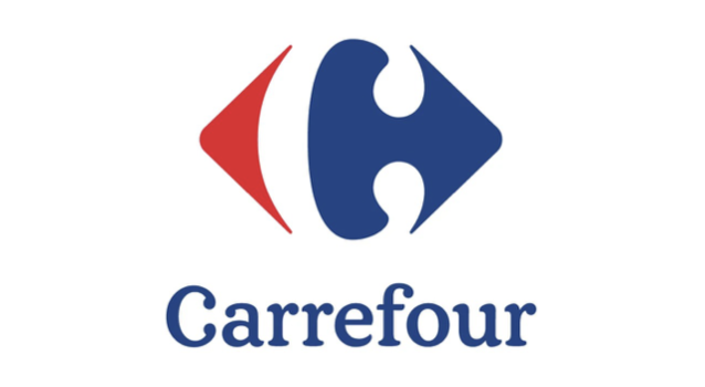 Logo de Carrefour avec le nom écrit en dessous.