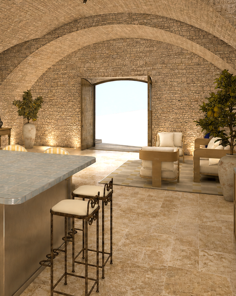 Intérieur d'une pièce avec murs en briques et arches, mobilier blanc, plantes en pot, fenêtres ouvertes laissant entrer la lumière naturelle.