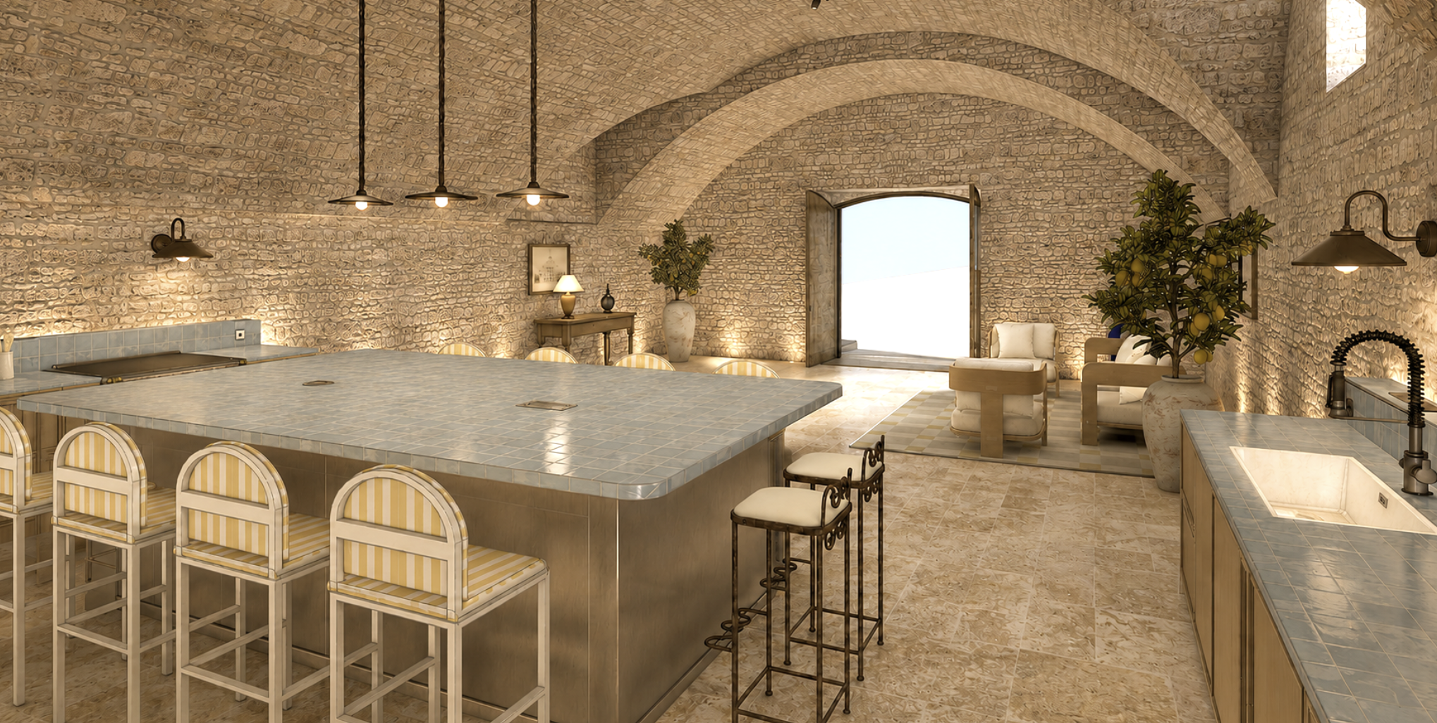 Cave voûtée de l’Orangerie Lyon avec bar monumental en inox et carreaux bleu azur, chaises rayées jaune et blanc, sol en travertin et coin salon, espace idéal pour tournages et événements.