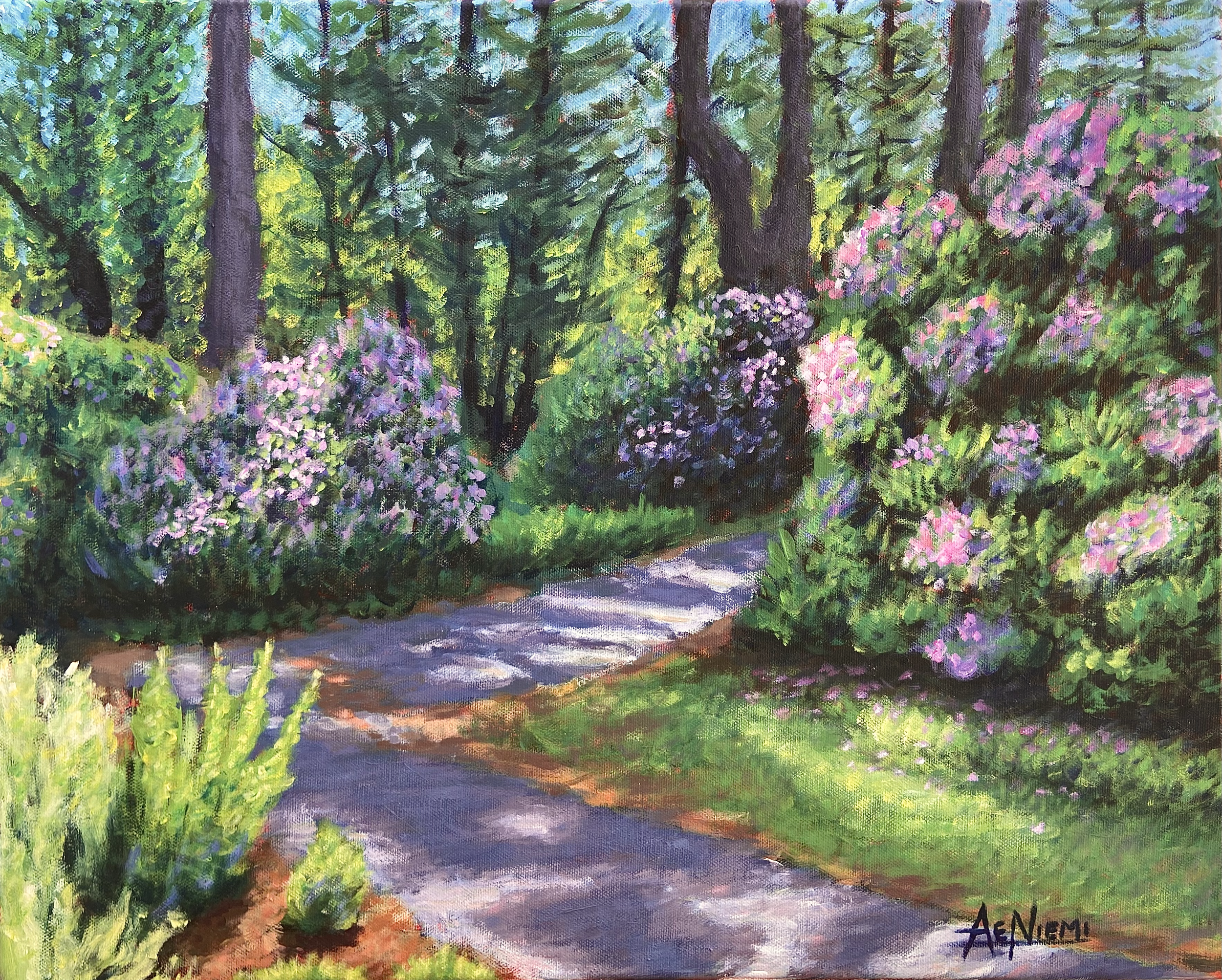 A painting of a garden scene with a winding path, purple and pink flowers, green plants, and tall trees, with sunlight filtering through.