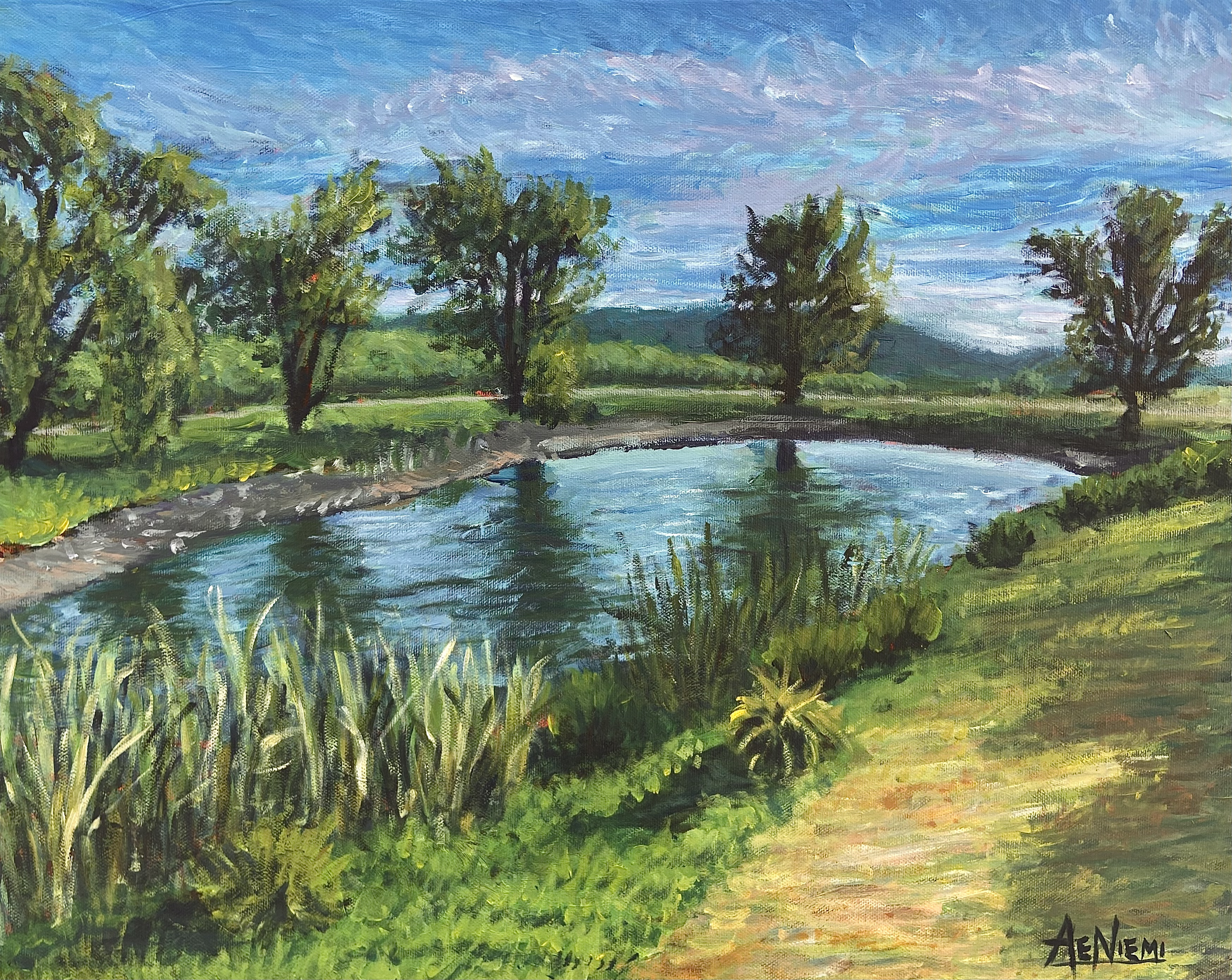 A landscape painting of a peaceful scene with a small pond surrounded by green grass and trees, under a partly cloudy sky.