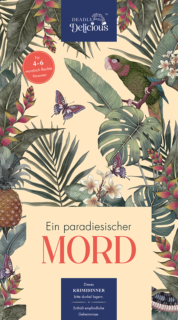 Buchcover mit tropischen Blättern, einem Papagei, Schmetterlingen, Ananas, weißen Blumen und Text in Deutsch, der einen Krimidinner-Krimi mit dem Titel "Ein paradiesischer MORD" beschreibt.