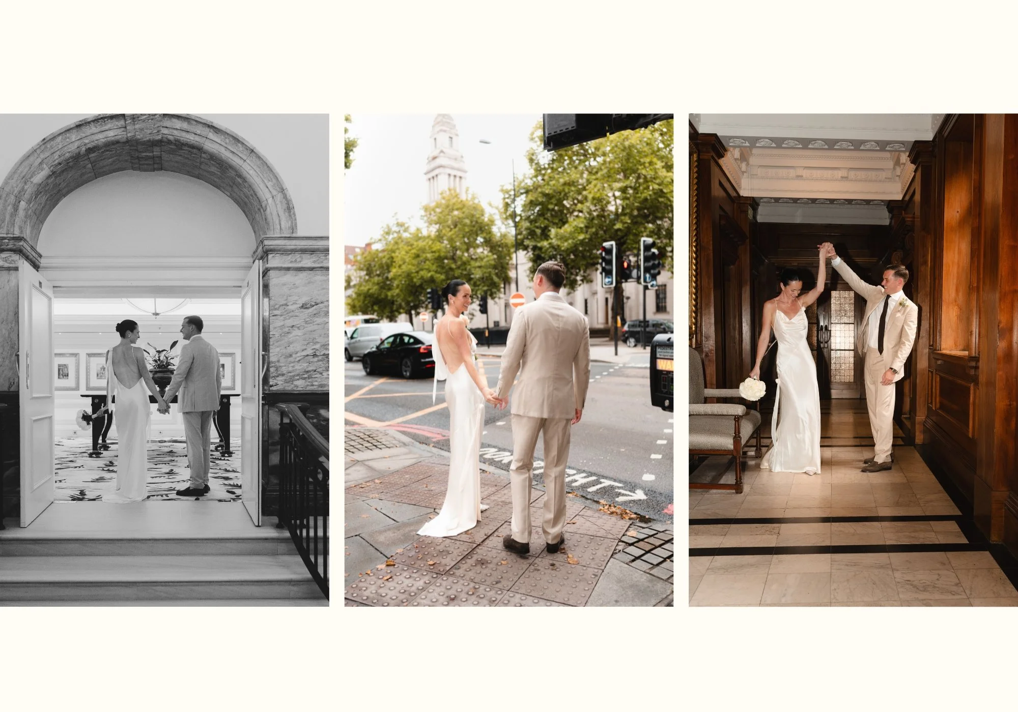 Old Marylebone Town Hall wedding photography showing newlyweds at The Landmark London before walking through Marylebone and dancing through the iconic corridors after their London micro wedding.