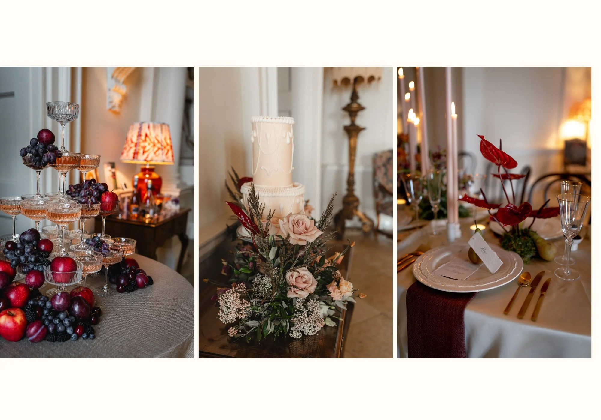 Wedding breakfast styling at Kirtlington Park with florals, candlelit table settings, wedding cake and champagne display