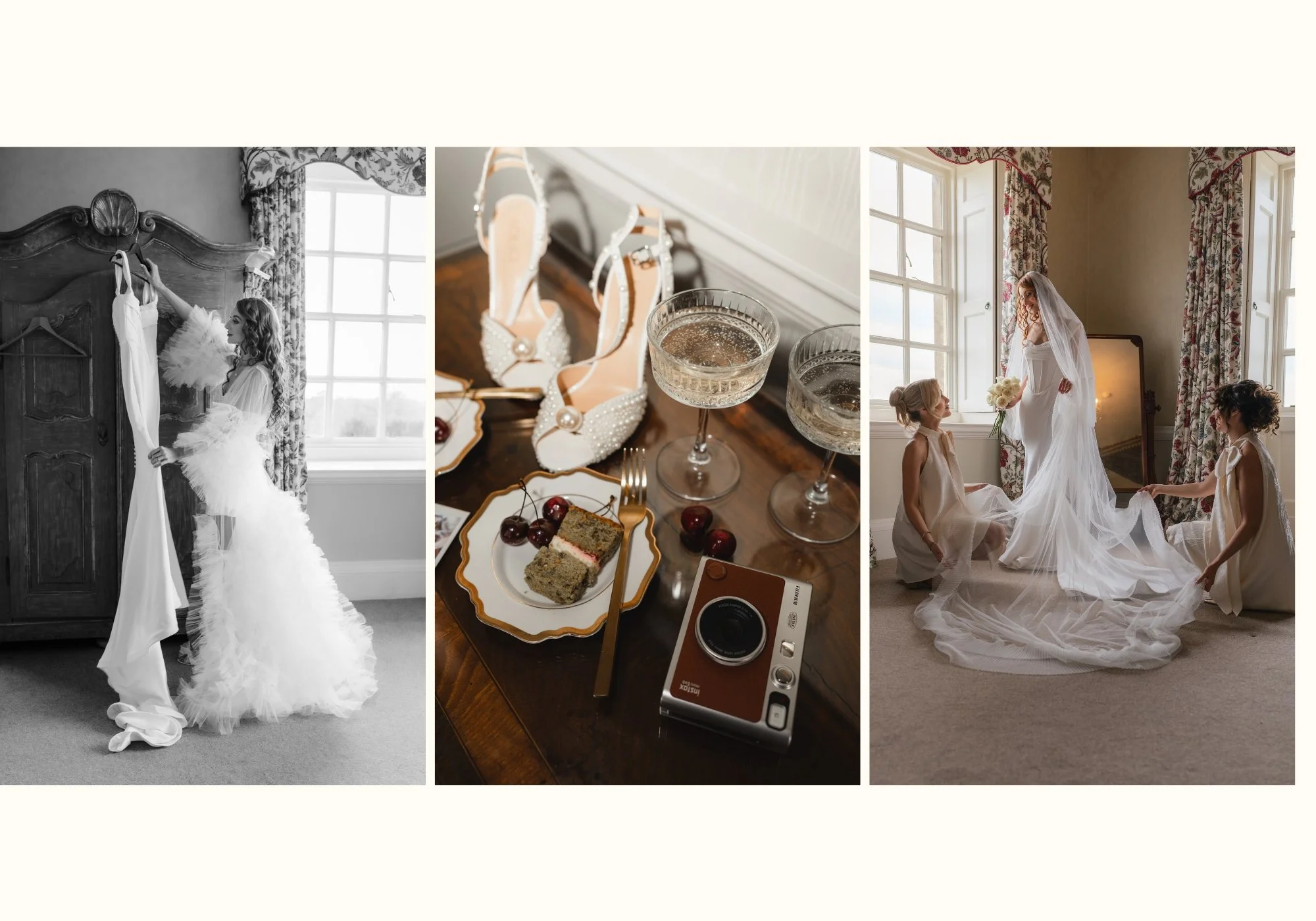 Bridal Preparations at Kirtlington Park, with wedding dress details, champagne and bridesmaids helping the bride before the ceremony