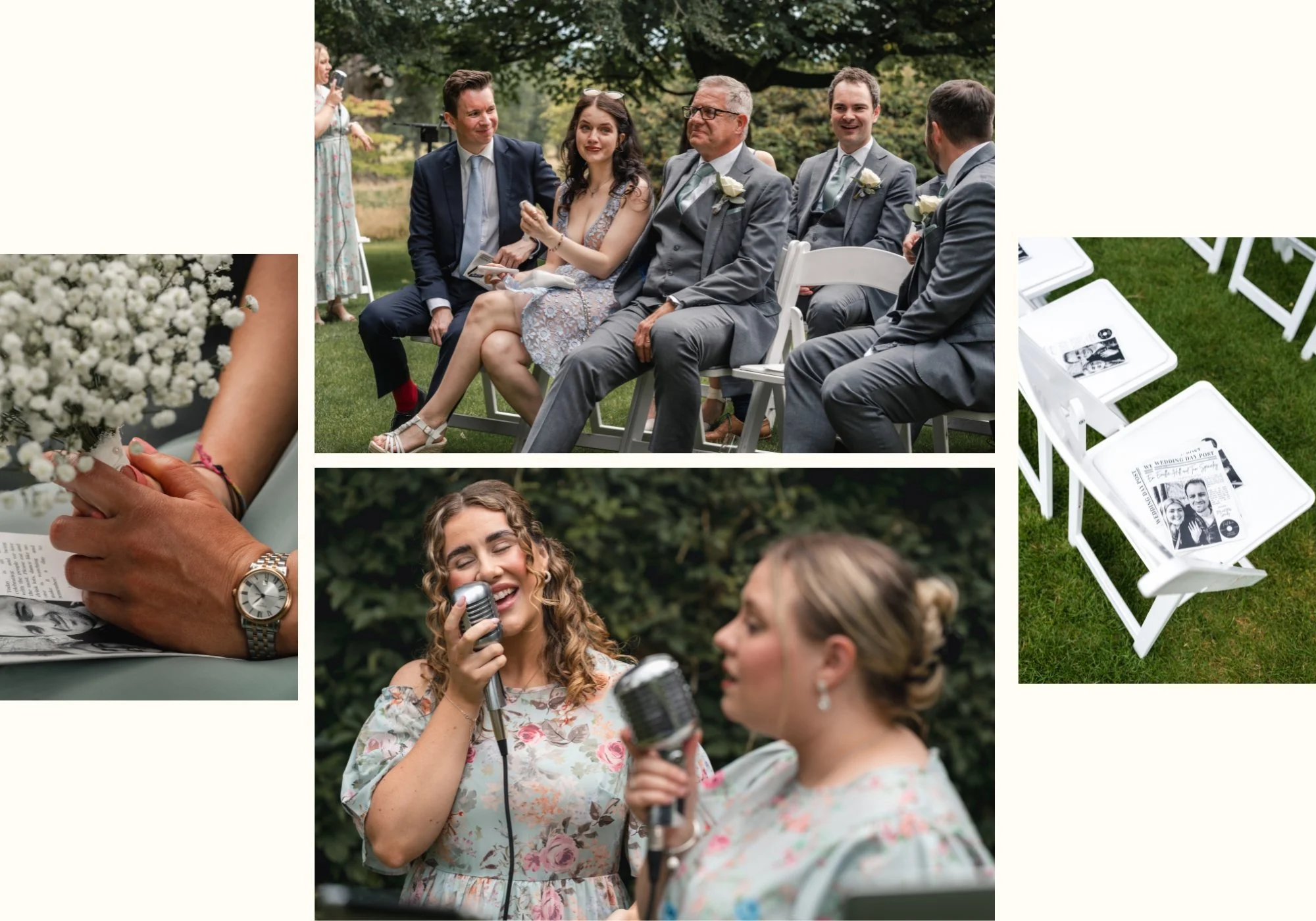 Candid moments during an outdoor wedding ceremony at wasing park, including guests, ceremony details and Harmony Wedding Duo singers