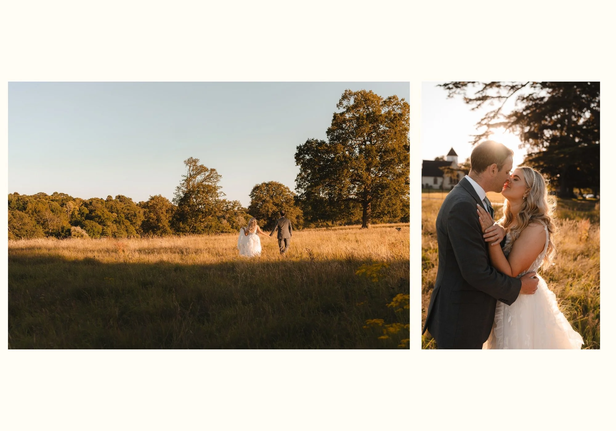 Golden hour wedding portraits at Wasing Park with the newlyweds walking through the wild meadow and St Nicolas Church in the background