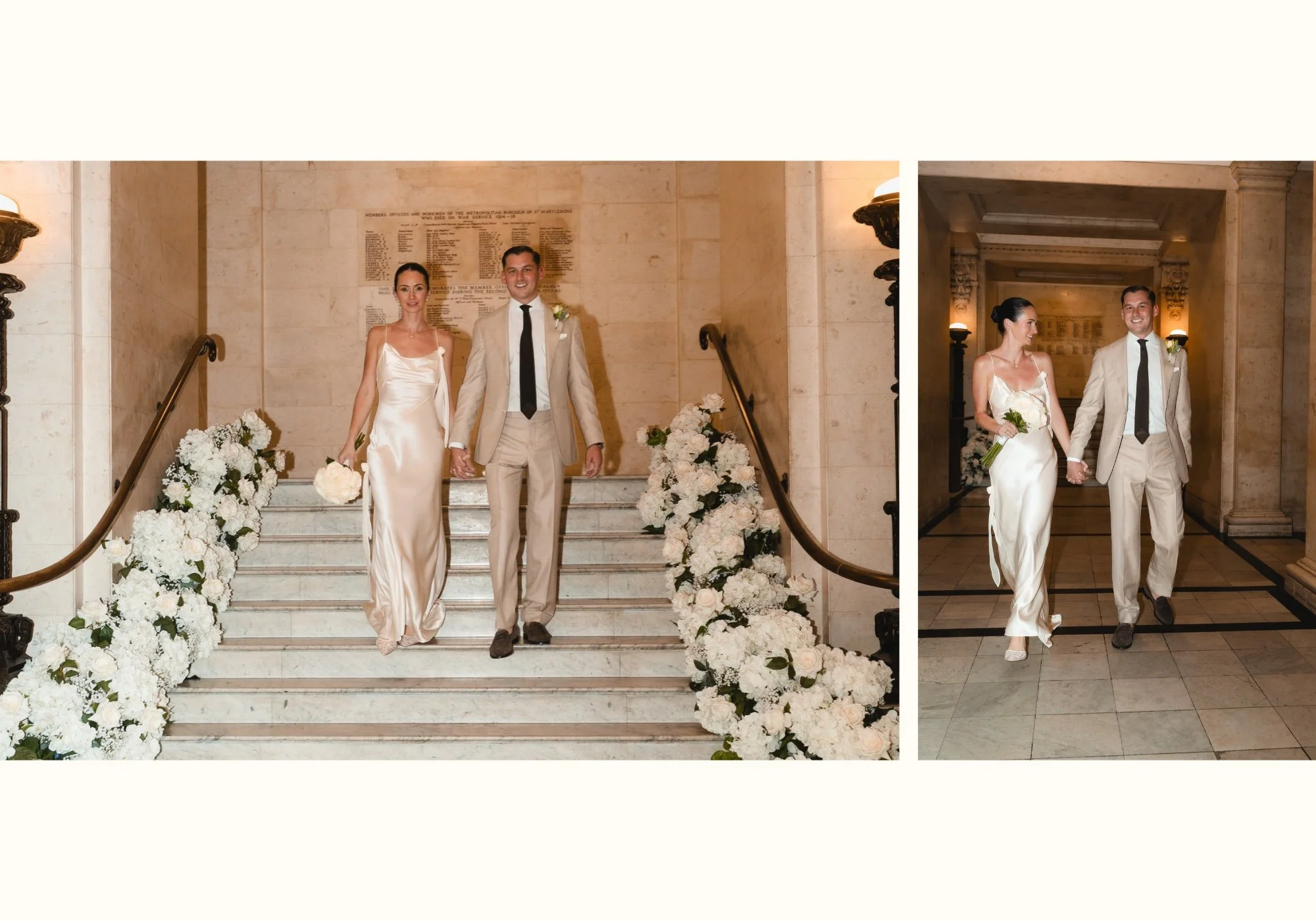 Newlyweds walking through Old Marylebone Town Hall after their wedding ceremony before heading outside for confetti
