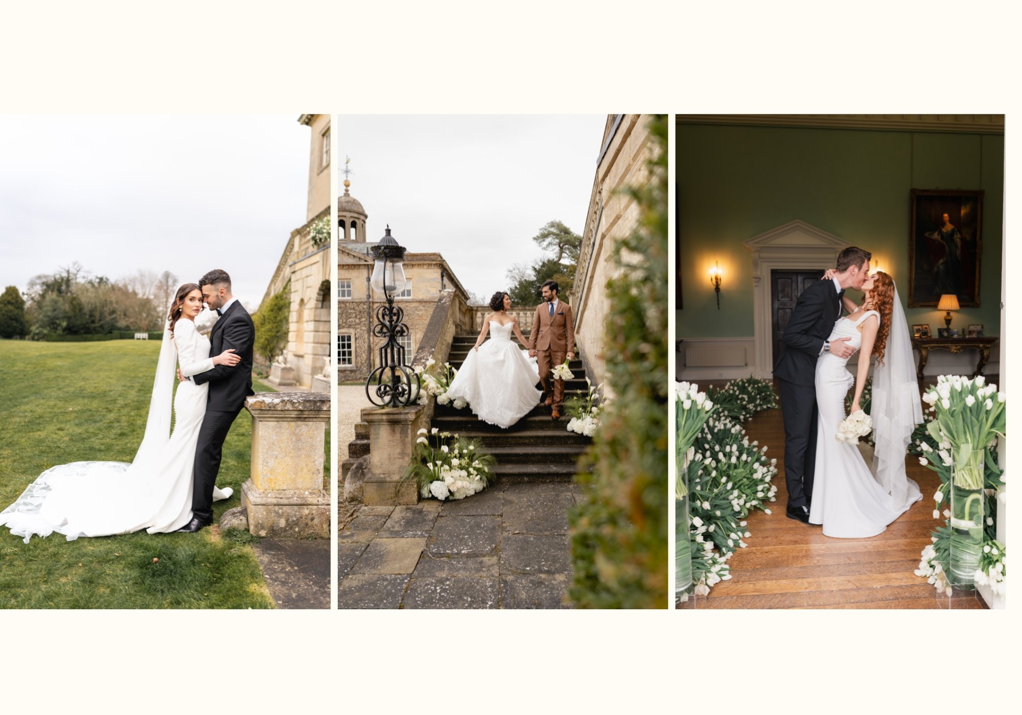 Couples photographed around the historic interiors, gardens and stone steps at Kirtlington Park wedding venue in Oxfordshire