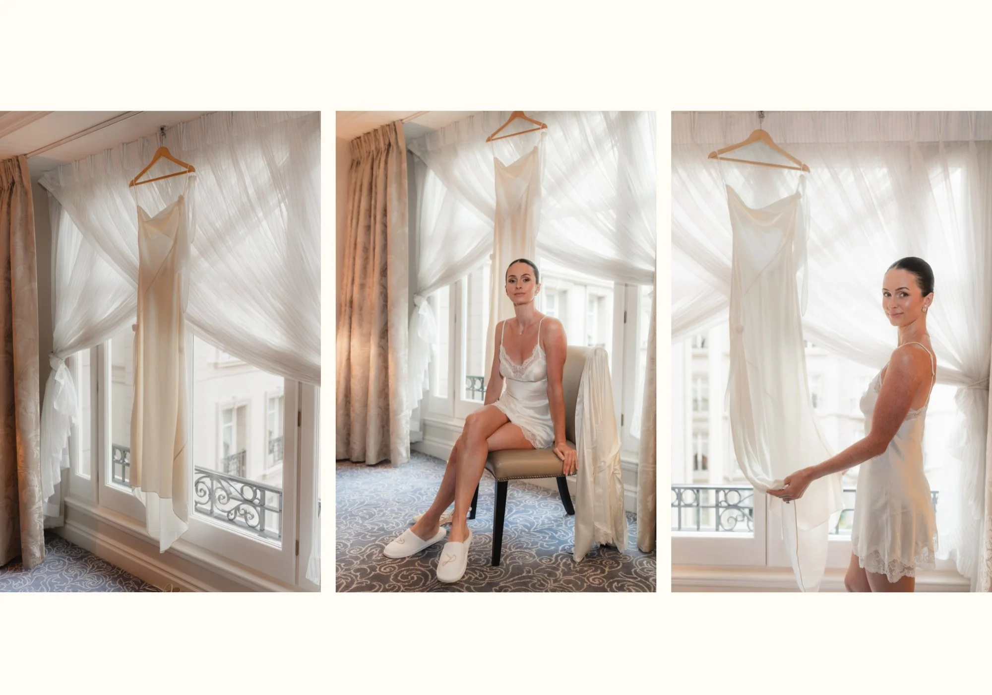 Bride getting ready at The Landmark London with her wedding dressing hanging by the suit window before her Old Marylebone Town Hall wedding