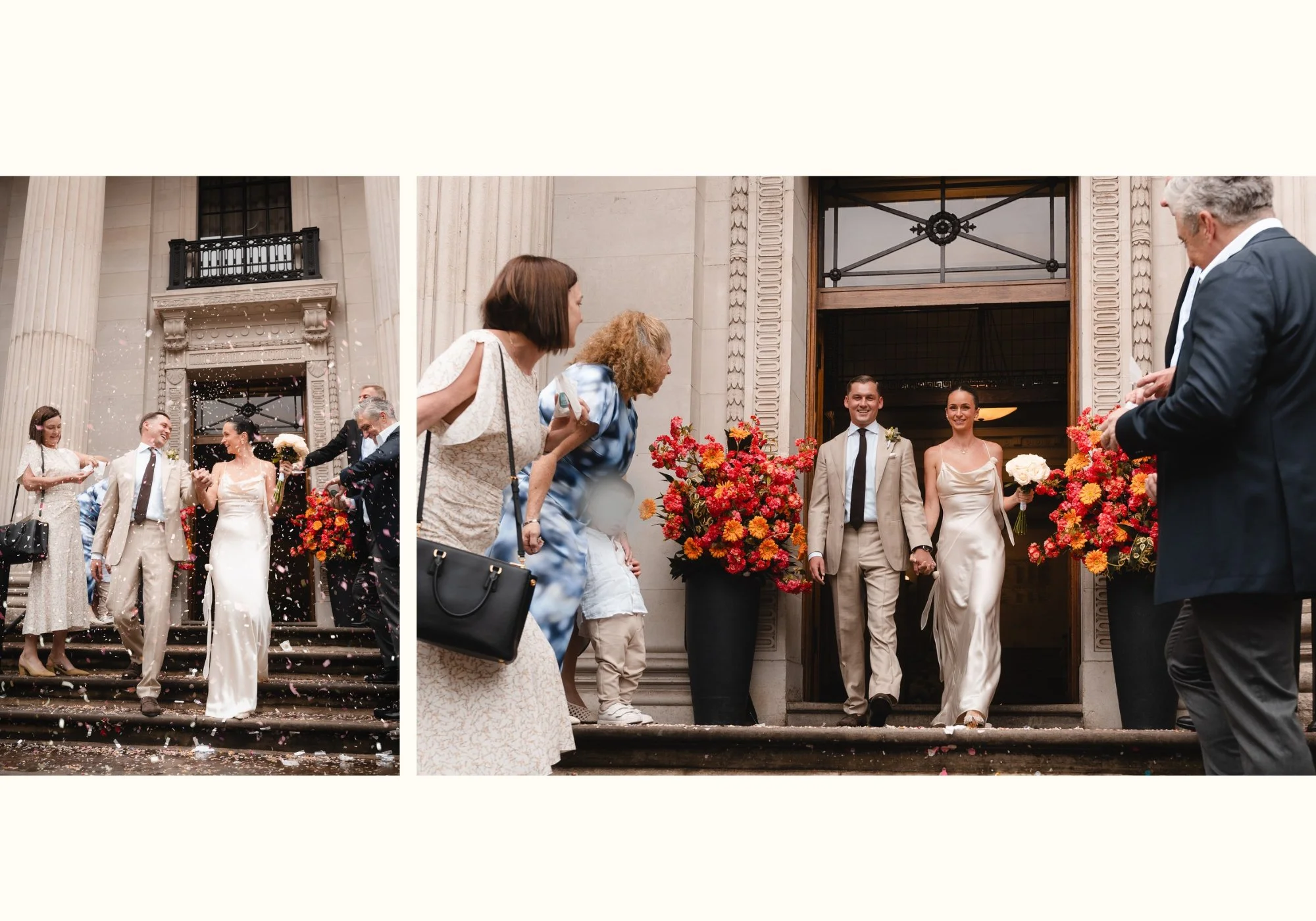 Newlyweds walking down the famous steps of Old Marylebone Town Hall through confetti after their intimate civil ceremony