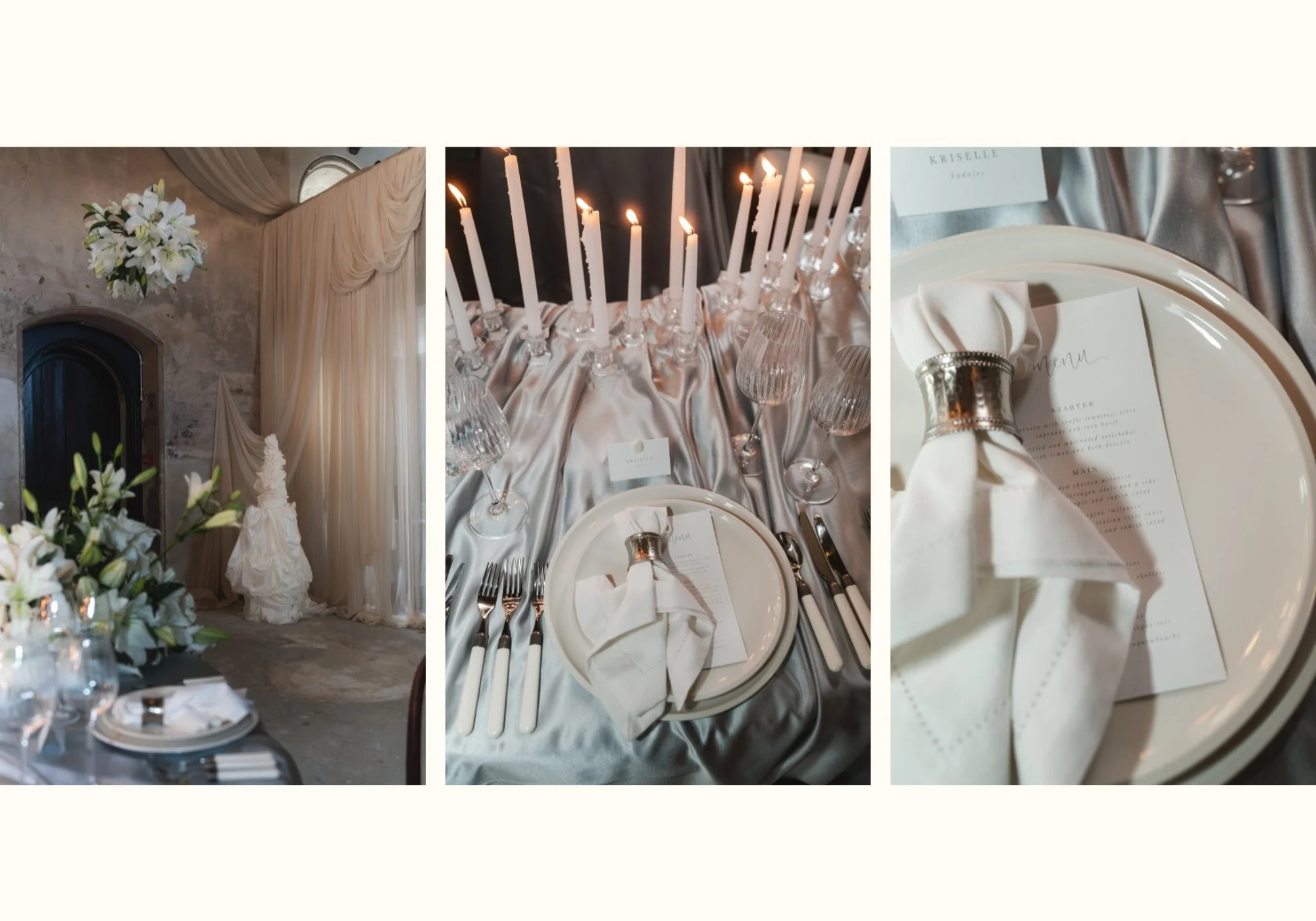 Wedding breakfast at The Elevtham in Hampshire featuring the wedding cake, silk draped table scapes and place settings and white florals