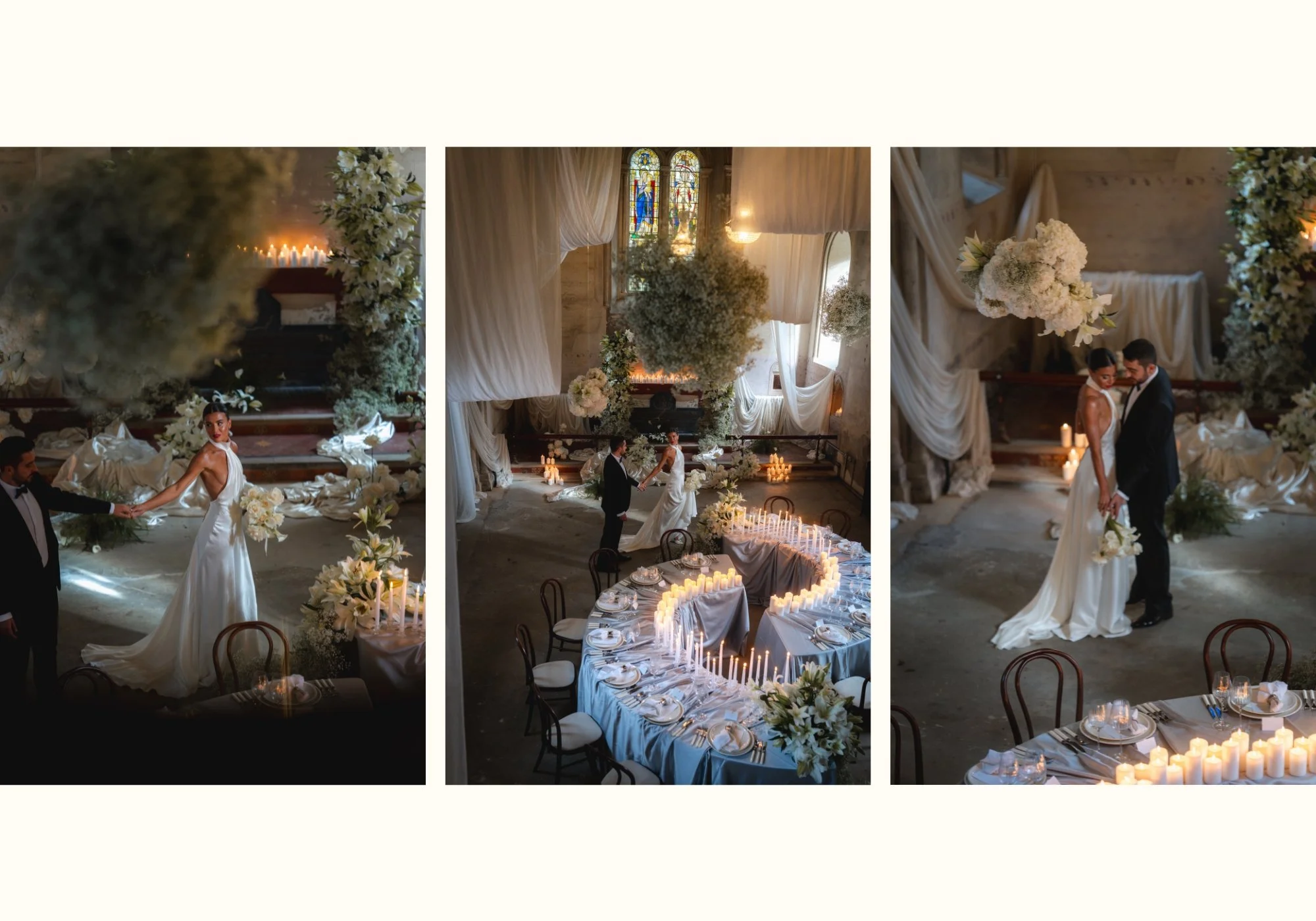 Intimate wedding setting inside The Bell Tower at the Elvetham with the bride and groom dancing and embracing in the candlelight with the florals and silk drapes