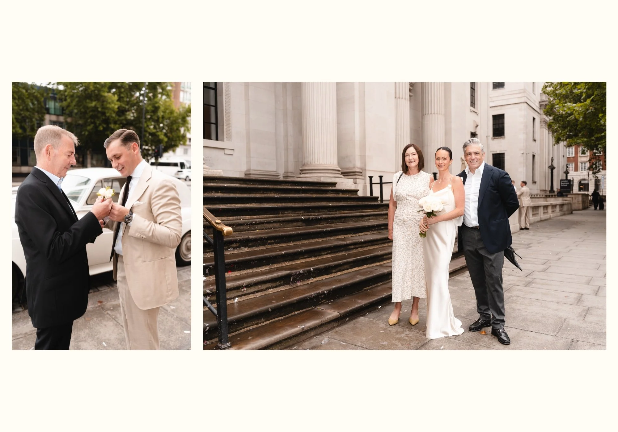 Bride with her parents and groom haivn his buttonhole pinned by his father outside Old Marylebone Town Hall before their wedding ceremony