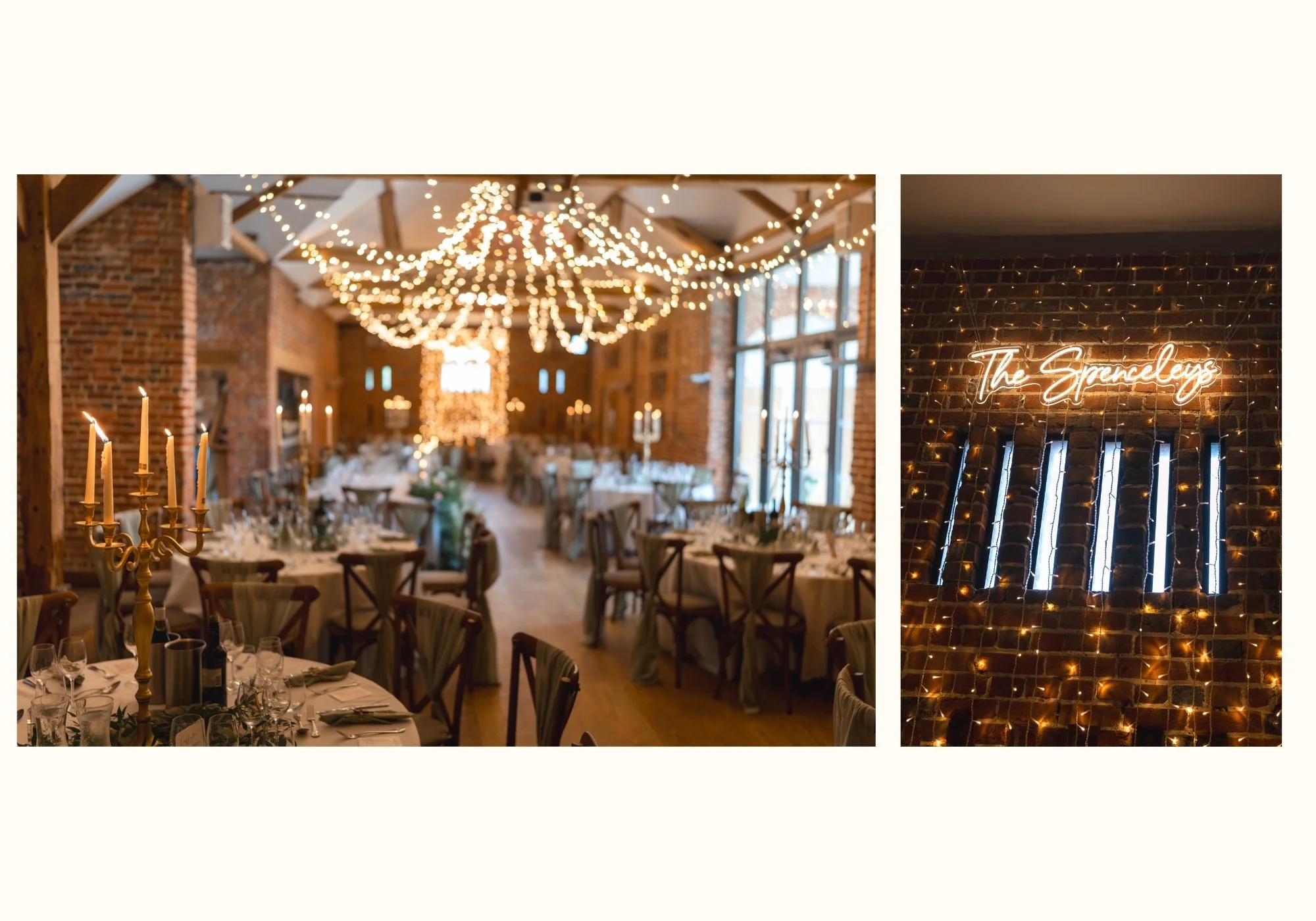 Castle Barn wedding breakfast at Wasing Park, showing the brick and timber barn dressed with warm fairy lights and candle light ready for the wedding reception