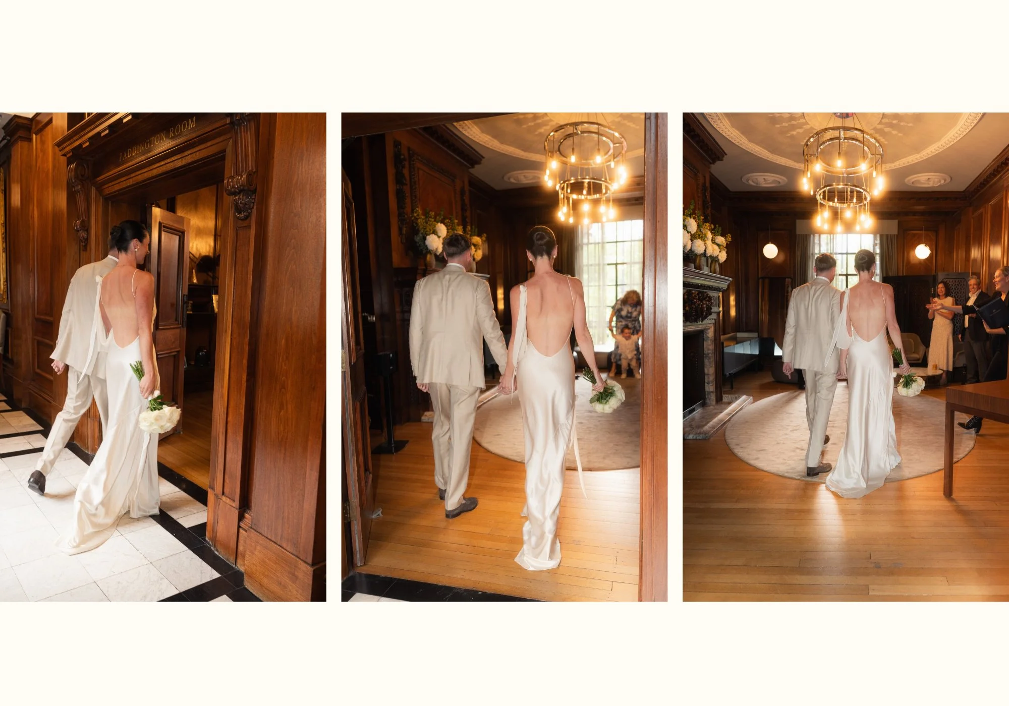 Bride and groom entering the Paddington Room at Old Marylebone Town Hall for their intimate wedding ceremony