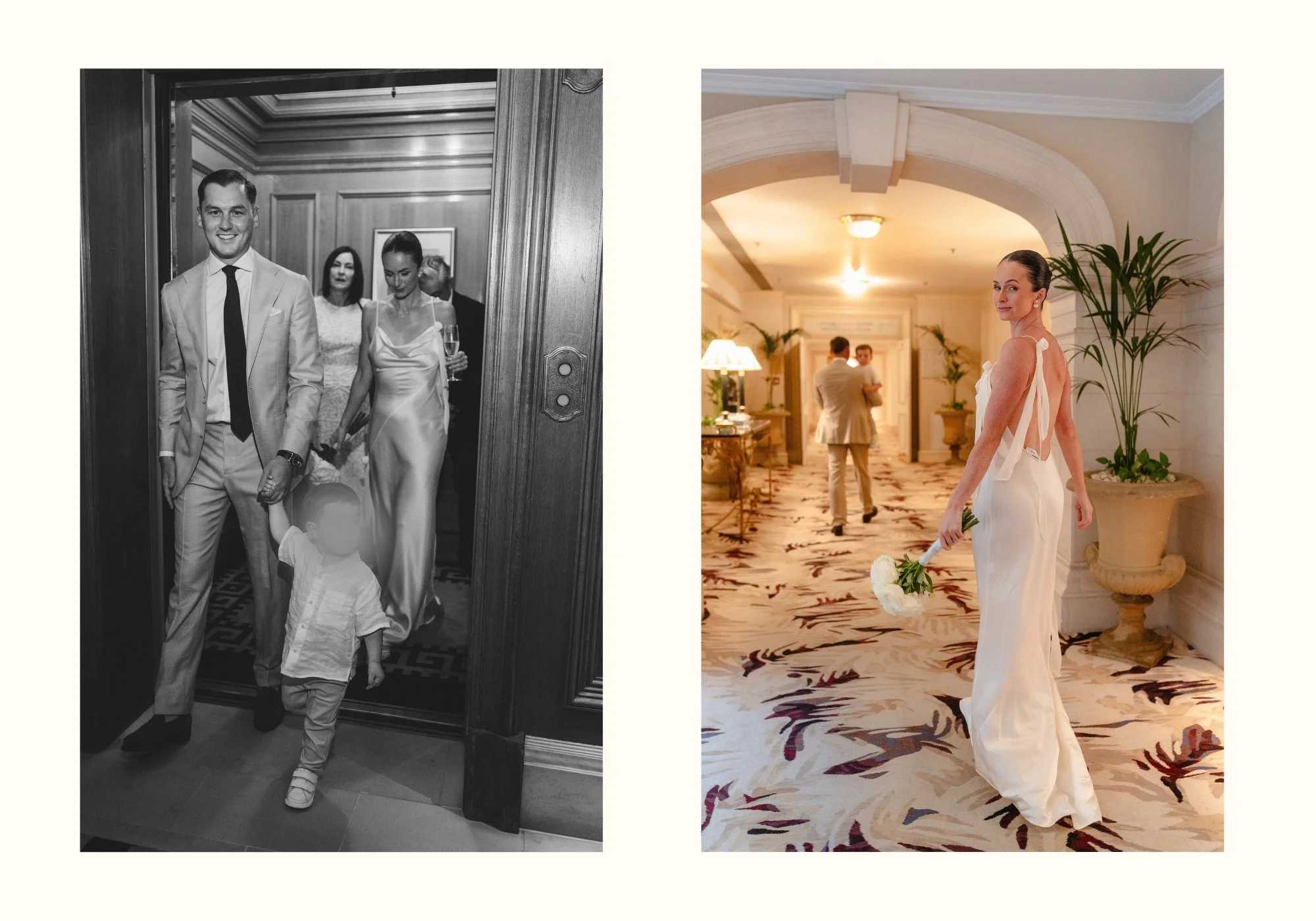Bride and groom and their family heading downstairs through The Landmark London before walking to their Old Marylebone Town Hall wedding ceremony