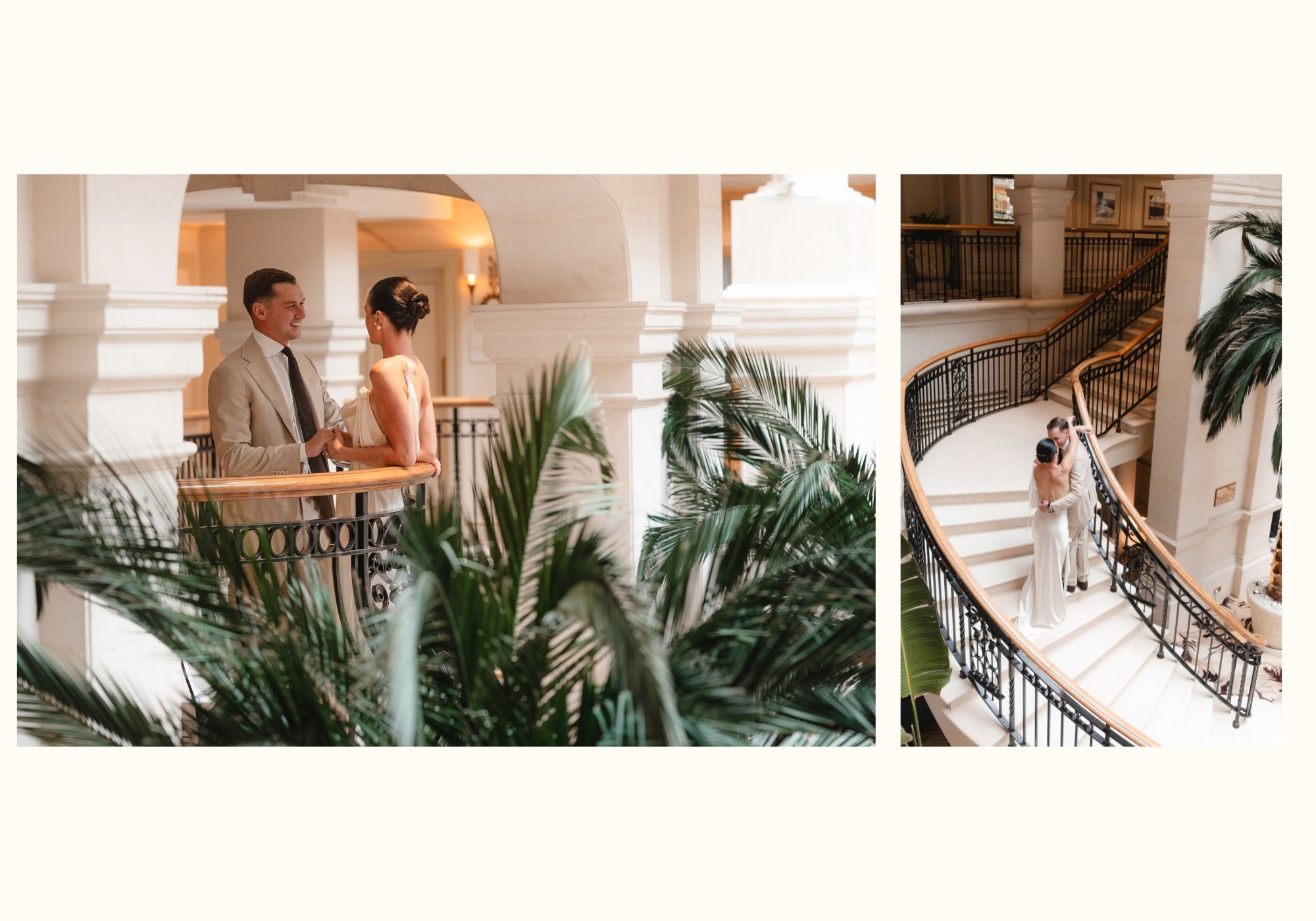 Bride and groom photographed on the grand staircase at The Landmark London before their Old Marylebone Town Hall London micro wedding
