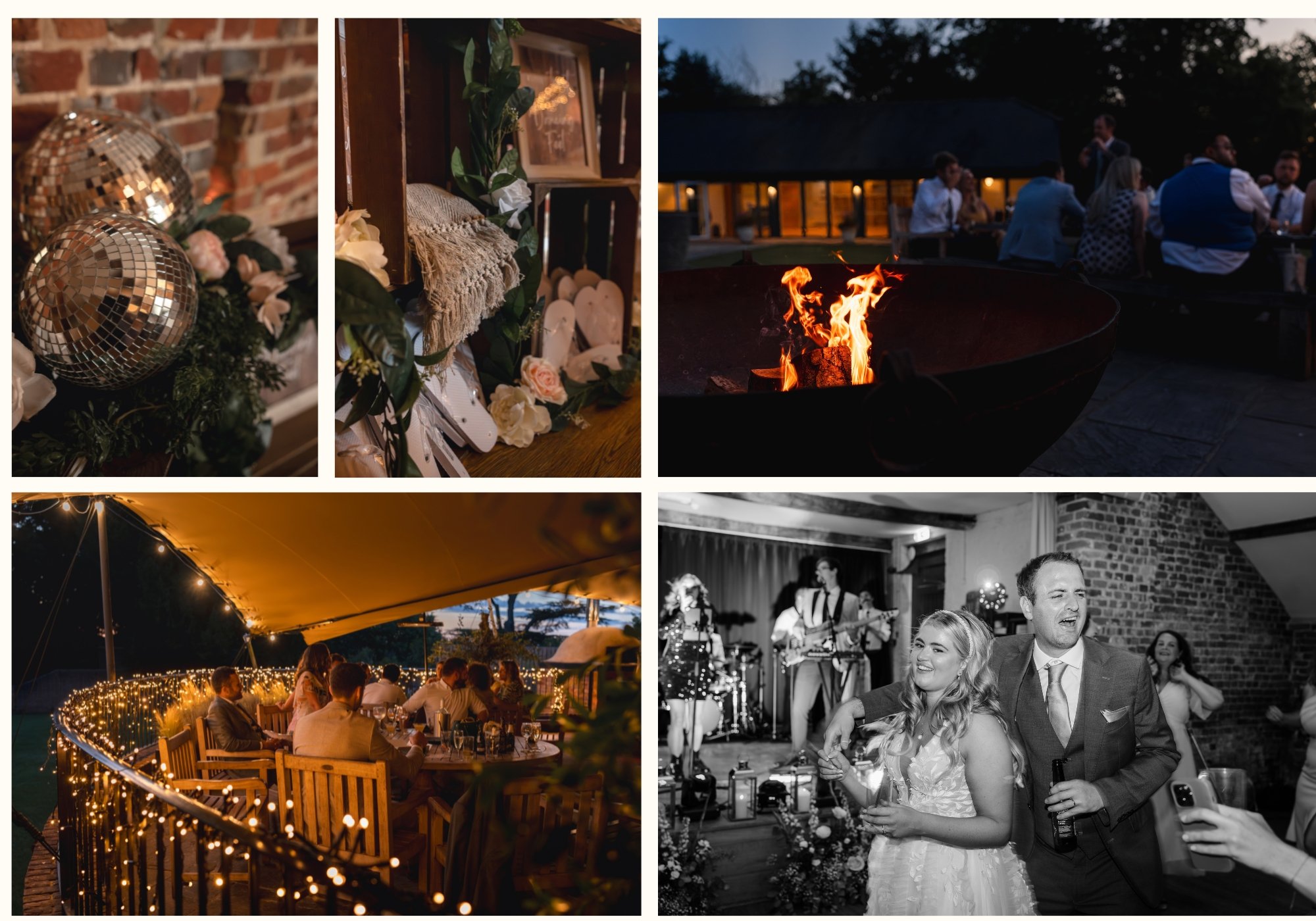 Evening celebrations at a Wasing Wedding at Wasing Park featuring photographs of the newlyweds on the dance floor with the band behind them. The terrace outside with warm fairly lights, guests chatting around the fire pit and dance floor details