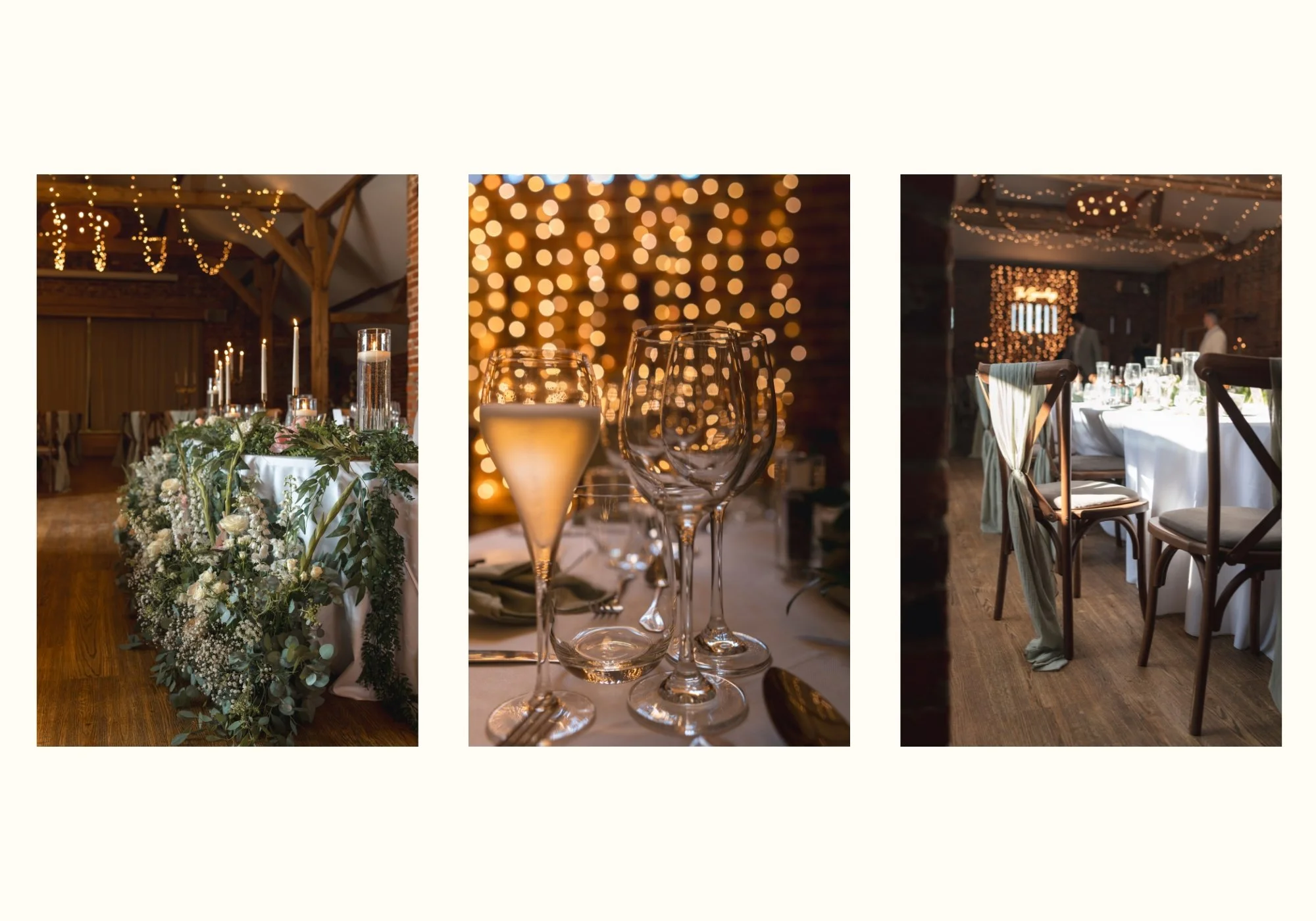 Wedding reception detailsinside the Castle Barn at Wasing Park with floral table arrangements, glassware and warm evening lights